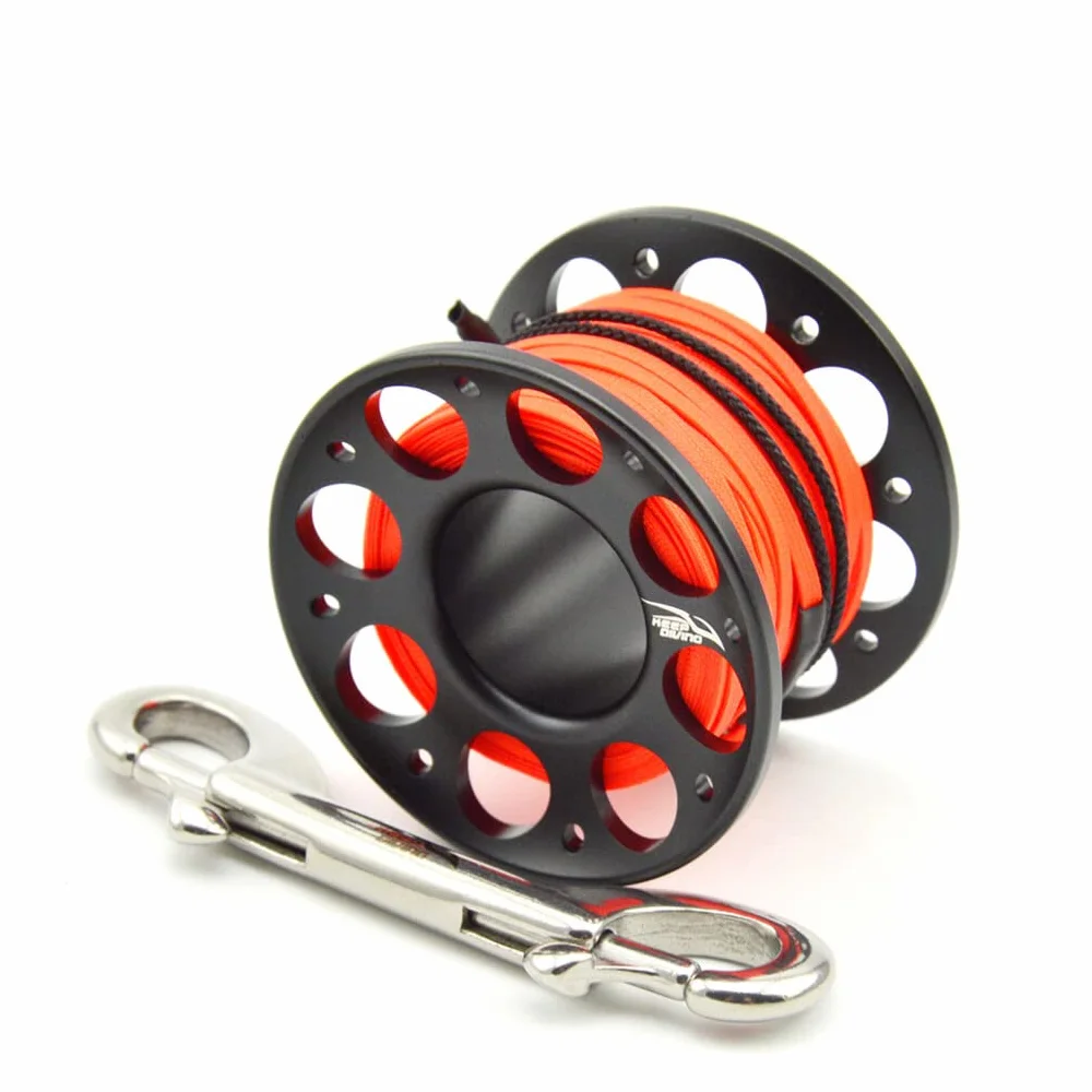 Tenere Bobina di Spool Immersione Portatile Corda Poliestere Pesca Accessori Subacquei Gancio Doppio Nero 15m