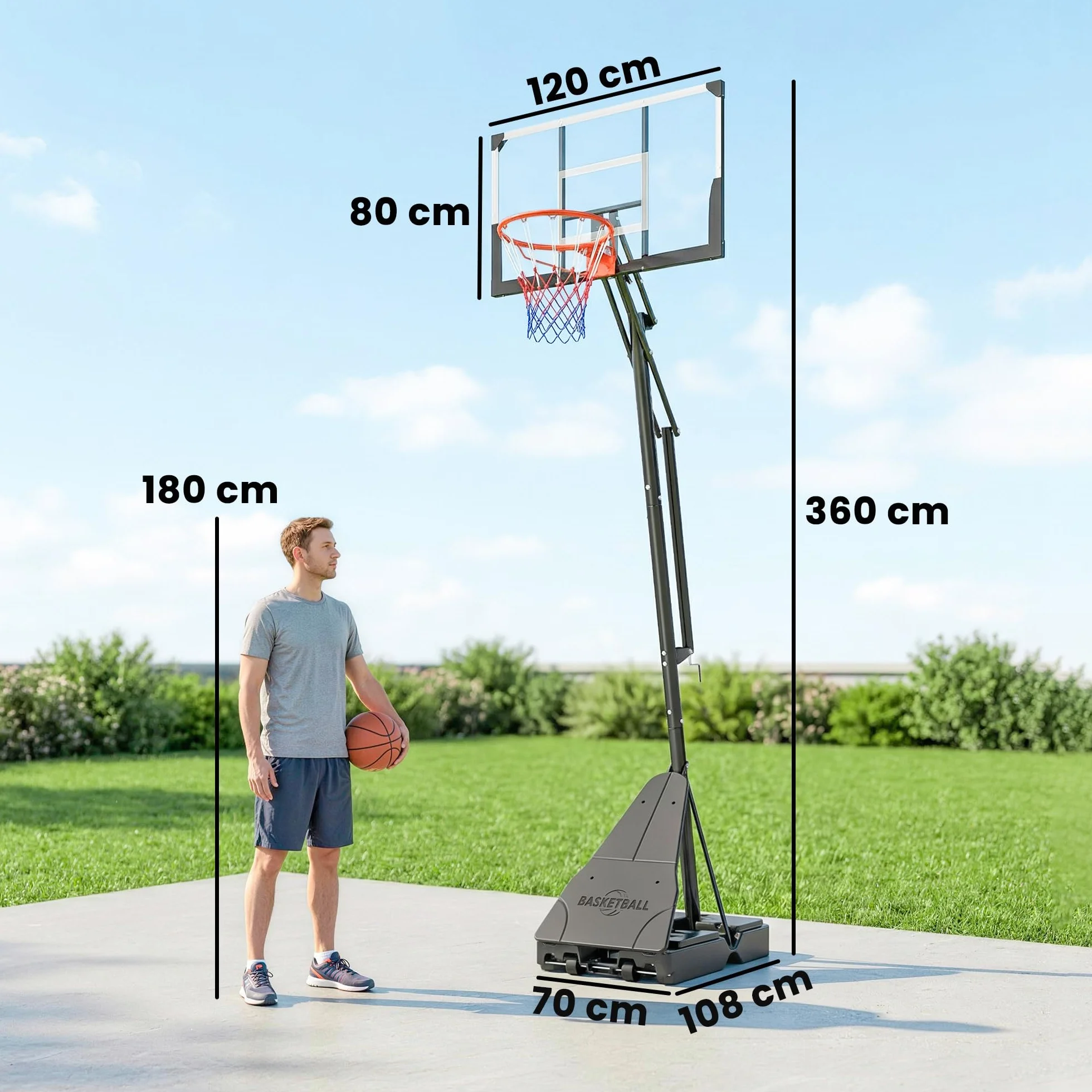 SPORTNOW Canestro Basket Regolabile per Adulti Altezza 2.45-3.05 m, Base Riempibile, Tabellone Antishock, Nero