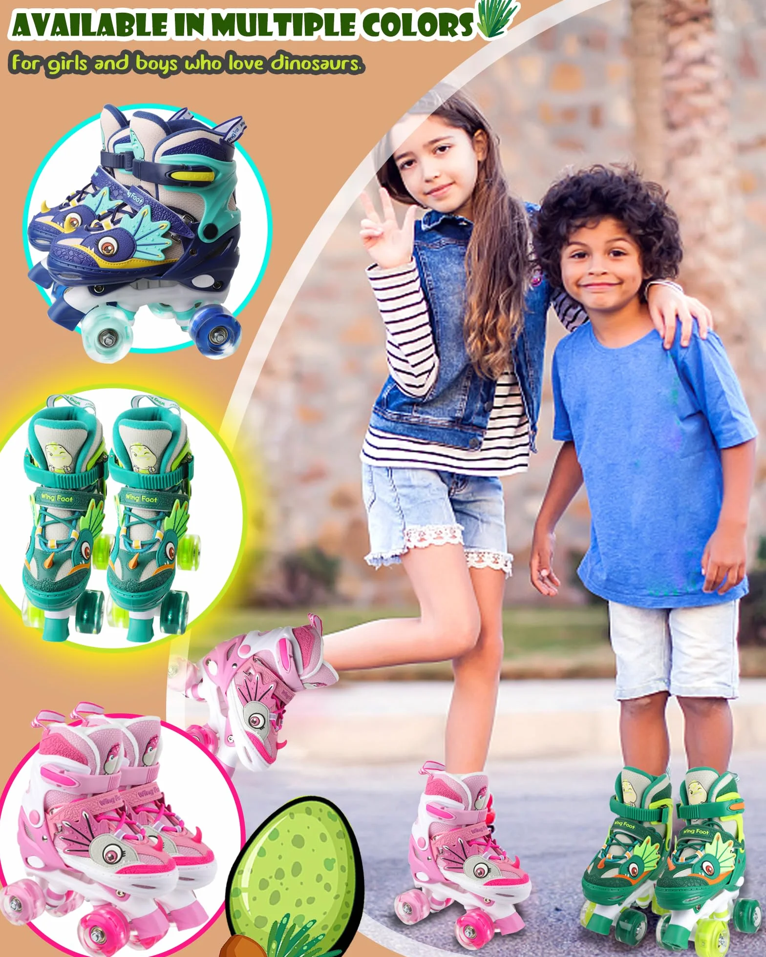 Pattini a Rotelle Bambina Dinosauro Regolabili con Ruote LED Rosa XS/S/M