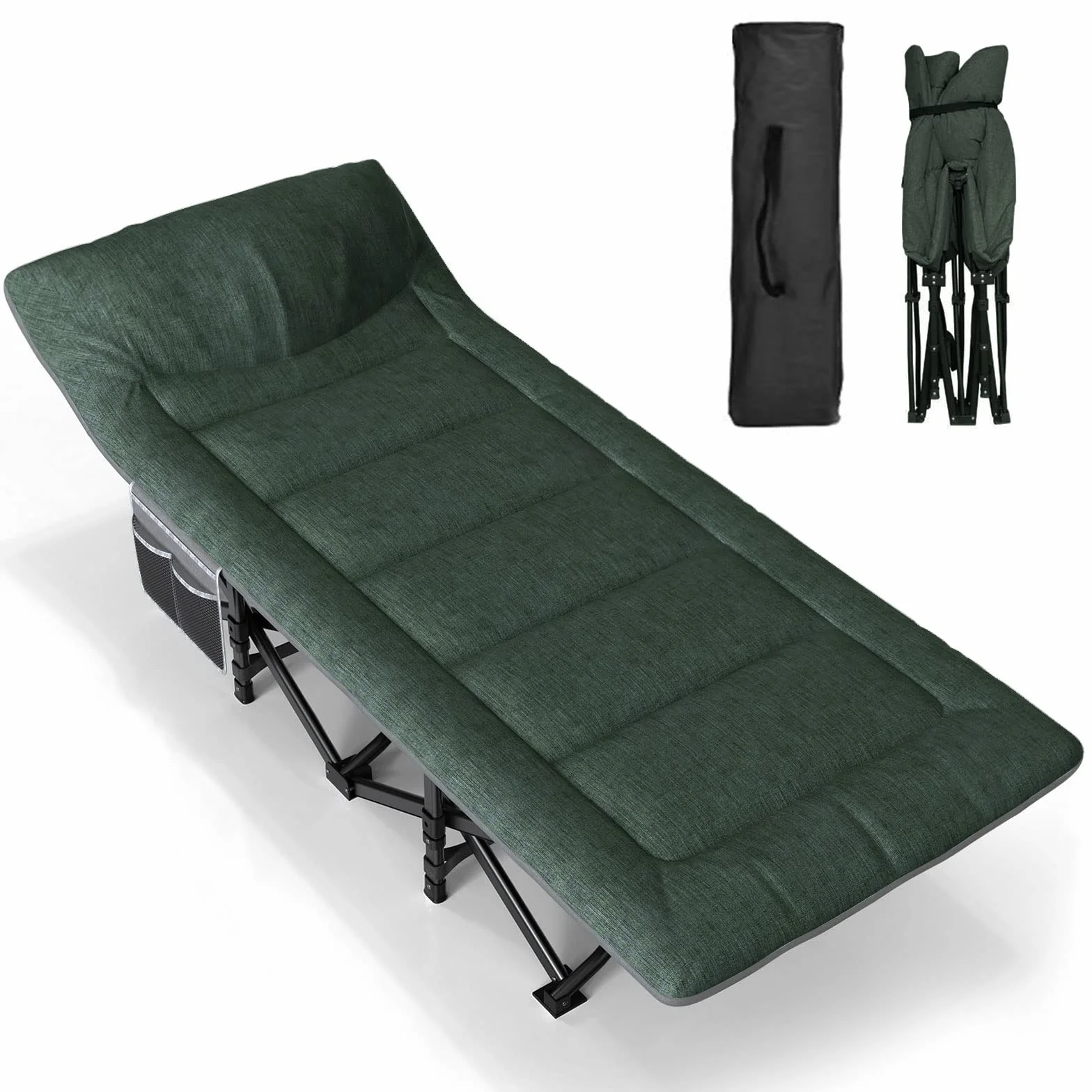 ATORPOK SHOP Lettino da campeggio per adulti con cuscino e cuscino, comodo lettino da campeggio da viaggio per dormire, culla portatile con borsa per il trasporto, supporta 204 kg (verde)