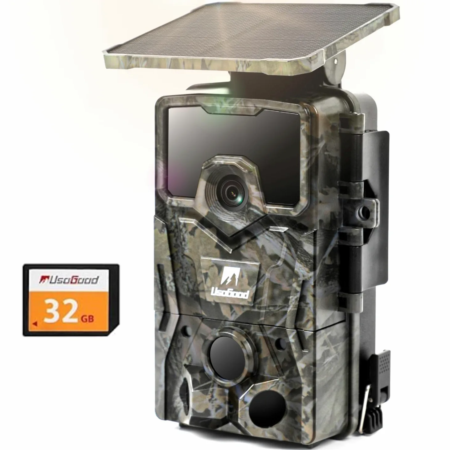 usogood Fototrappola Solare 4K 48 MP, Batteria al Litio da 2600 mAh Integrata, Fototrappola Notturna con Visione Notturna Attivata dal Movimento, Includere Scheda di Memoria da 32 GB IP66 Impermeabile