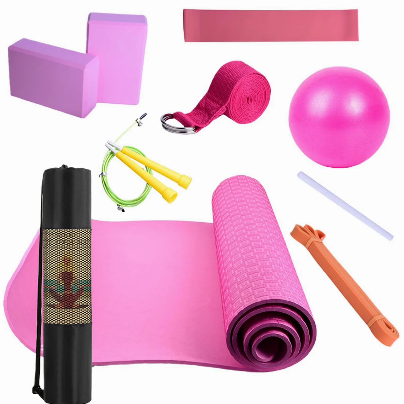 Kit yoga per allenamento a casa, tappetino da yoga con borsa per il trasporto, attrezzatura fitness per donne e uomini, include fascia di resistenza in lattice, fascia elastica