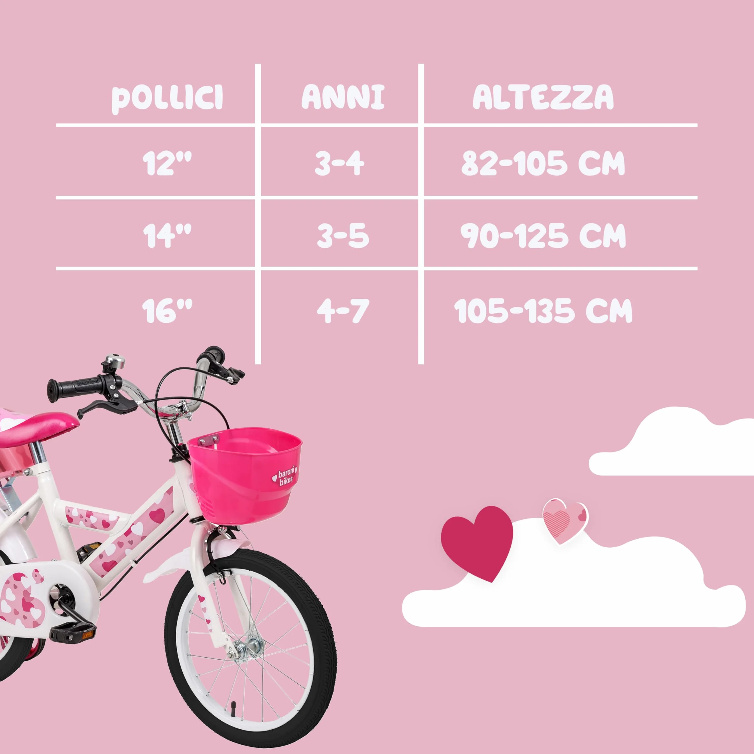 Baroni Toys Bicicletta Bambina Rosa Cuori 12" 14" 16" con Cestino e Rotelle