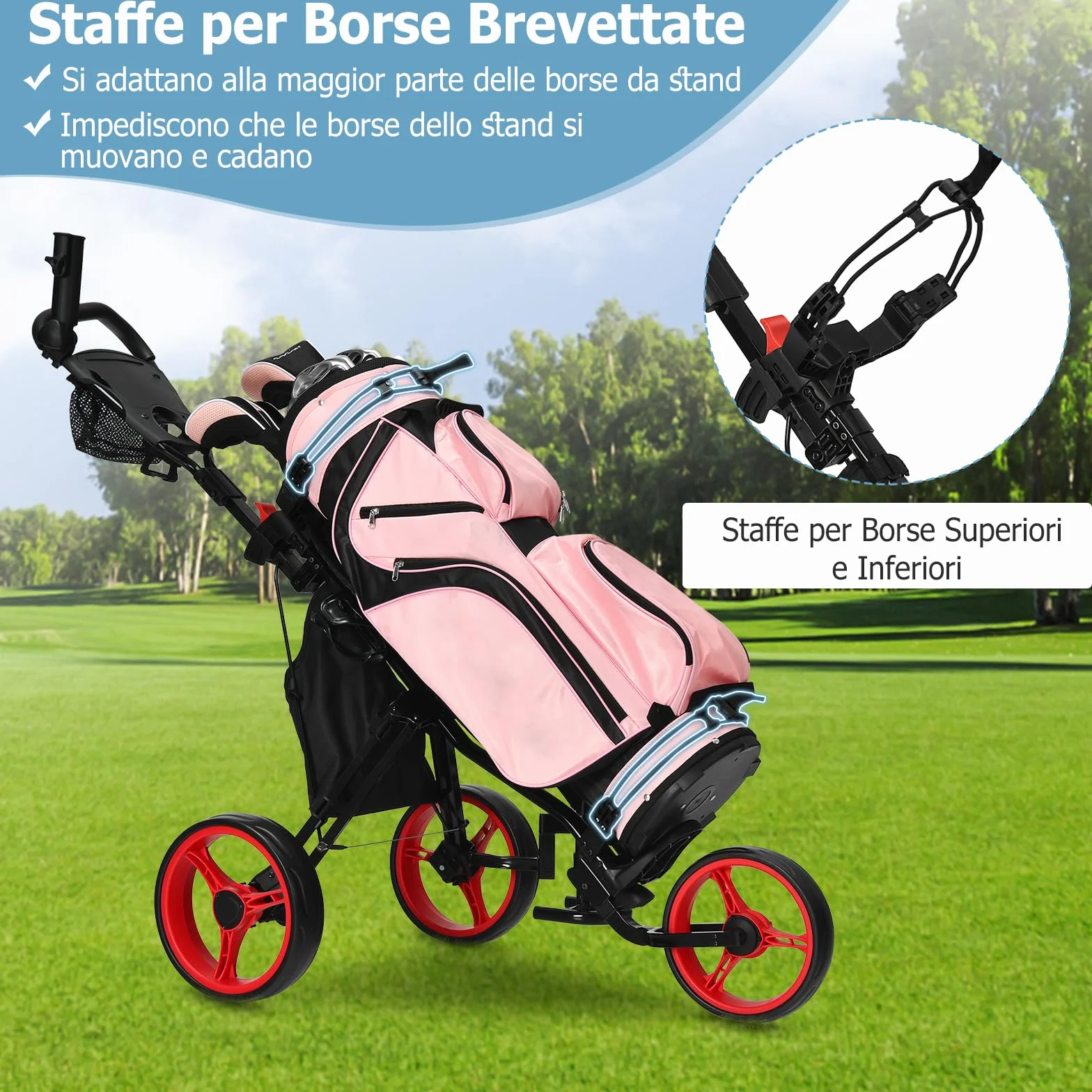 COSTWAY Carrello da Golf Pieghevole 3 Ruote, Trolley Altezza Regolabile Alluminio con Sedile, Porta Ombrello e Porta Bevande