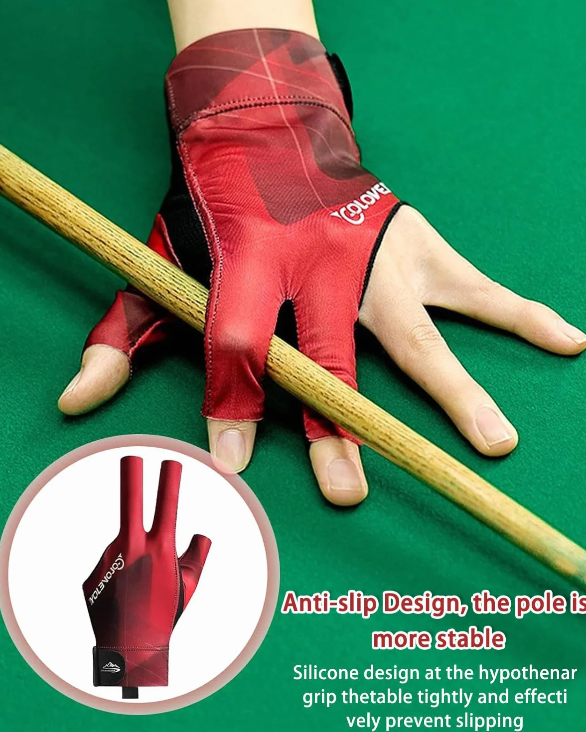 Guanto da biliardo sinistro antiscivolo 3 dita per tiro e allenamento Nero Rosso