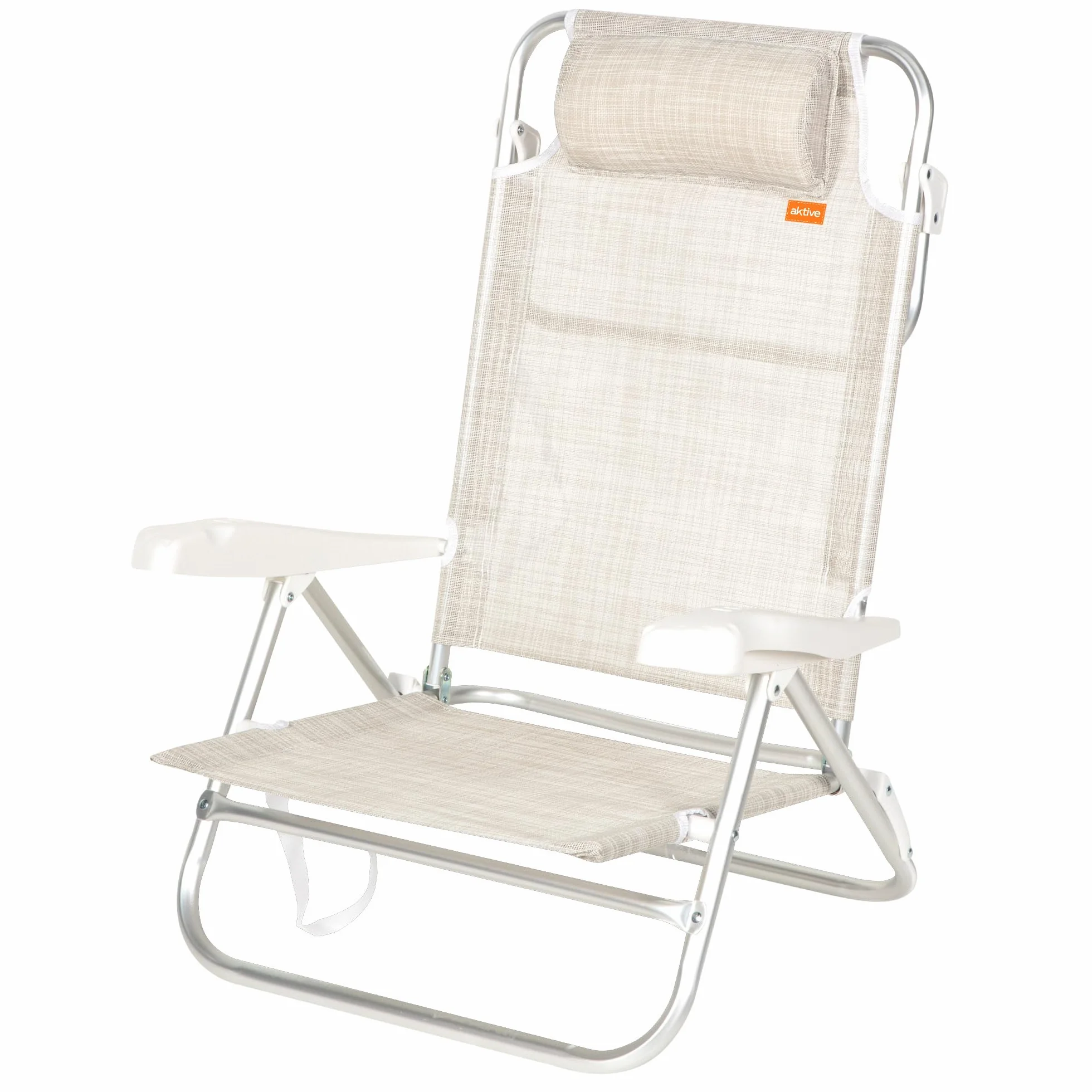 AKTIVE Sedia da spiaggia pieghevole, 8 posizioni, Colore beige, 48x49x82 cm, Cuscino imbottito incluso, Maniglie per il trasporto, Supporta 110 kg, Schienale reclinabile, Multiposizione (62668)
