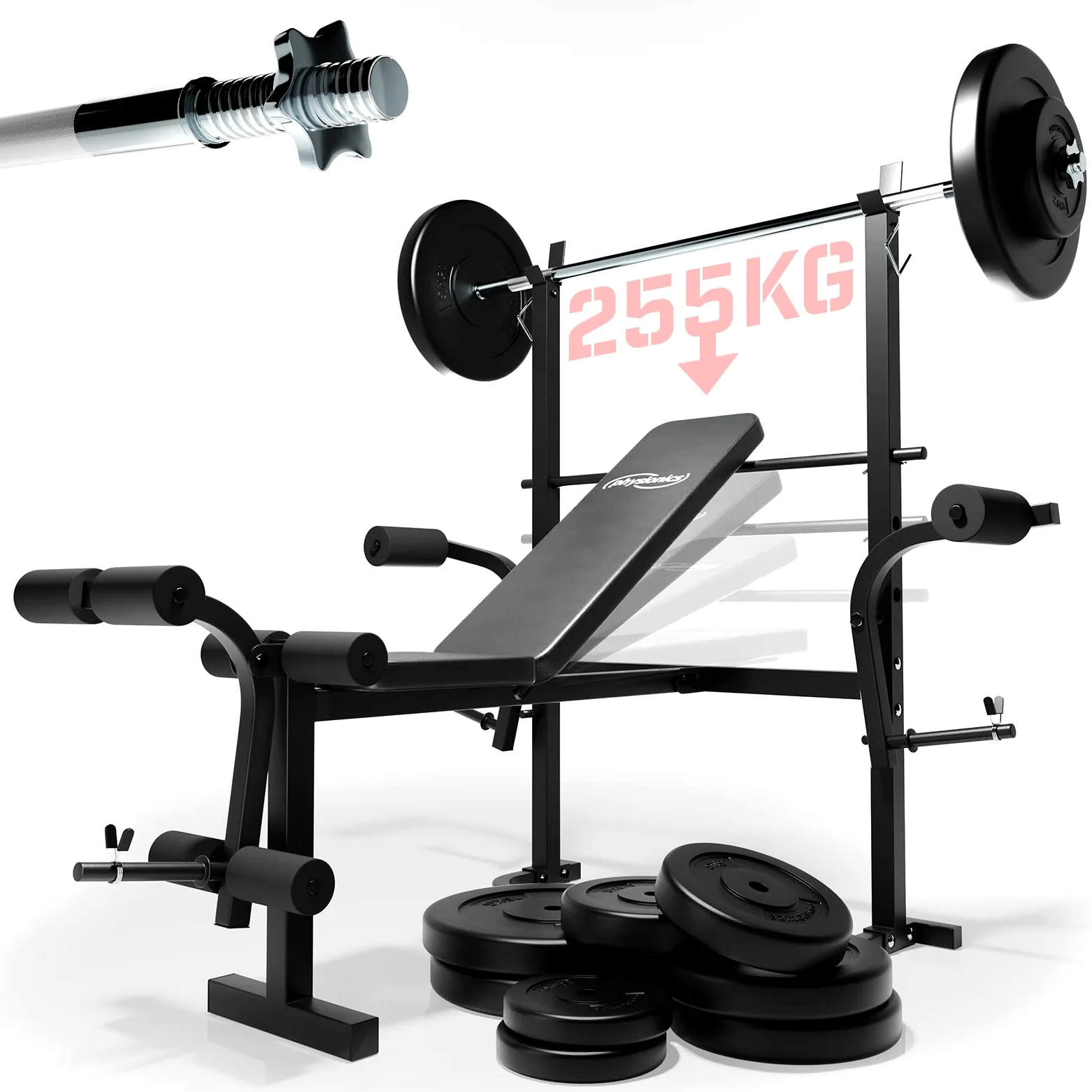 Physionics® Panca con Bilanciere e Pesi - Panca Regolabile con Portabilanciere, Barra (140/165 cm, 30 mm, Acciaio, Carico 300 kg), Dischi (31 mm, 2,5/5/10/15 kg), Set a Scelta - Stazione da Palestra