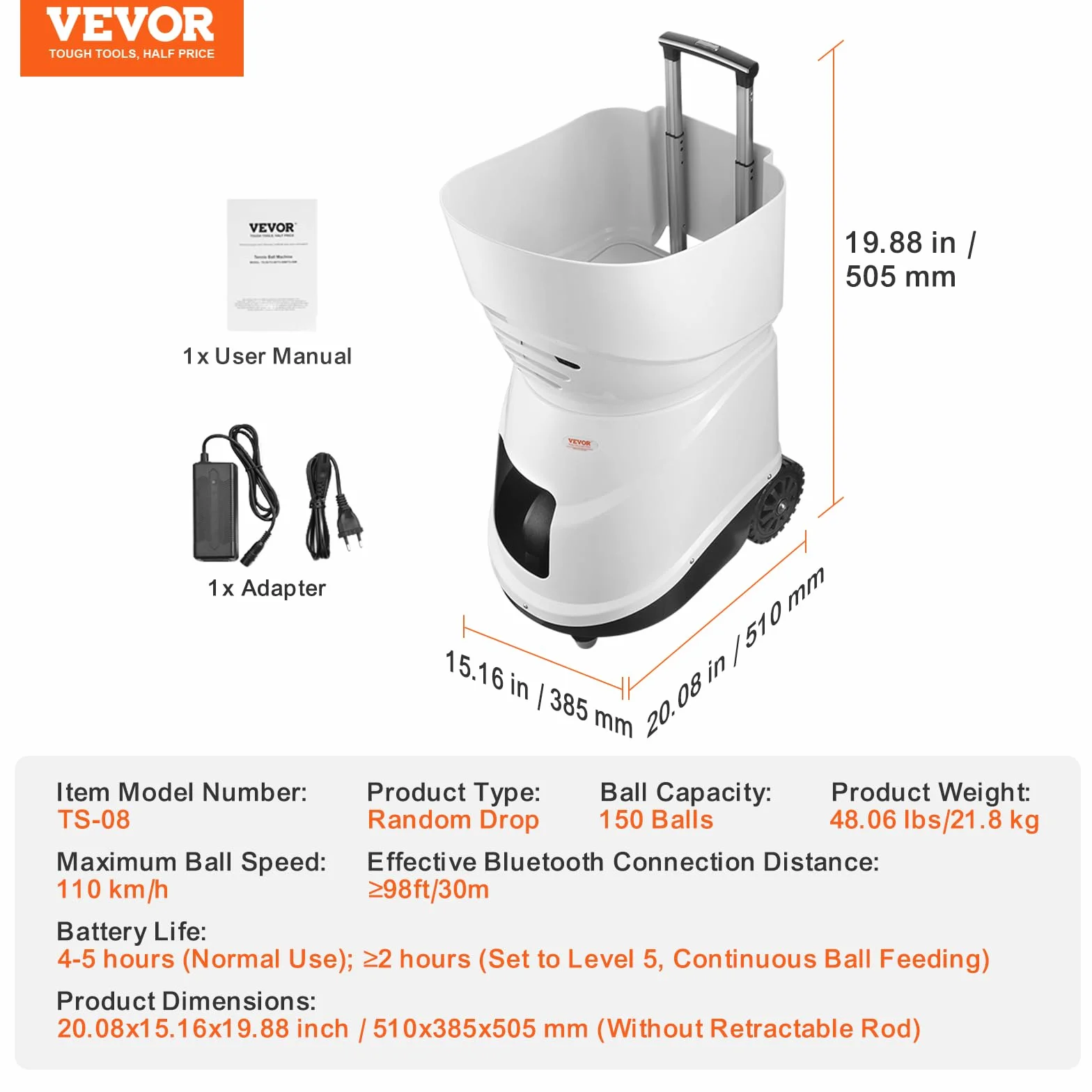VEVOR Lancia Palline Tennis Automatico Portatile, Macchina per Palline da Tennis, Lanciatore 150 Palline, Trapano Multimodale 5 Motori, Batteria Ricaricabile, Controllo Remoto App