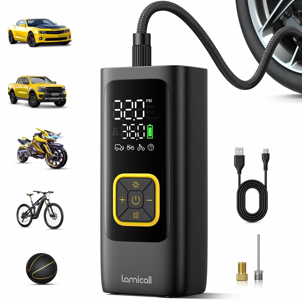 Lamicall Pompa Elettrica per Bicicletta, Compressore Aria Portatile Max 150 PSI Luce Led Integrata Porta Type-C