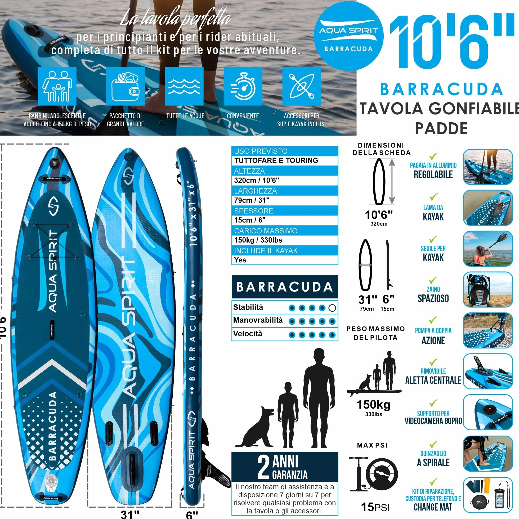 Aqua Spirit Tavola gonfiabile SUP paddle 3 m 10 m 3,8 m 4,5 m 45 cm kit convertibile SUP kayak pagaia zaino pompa