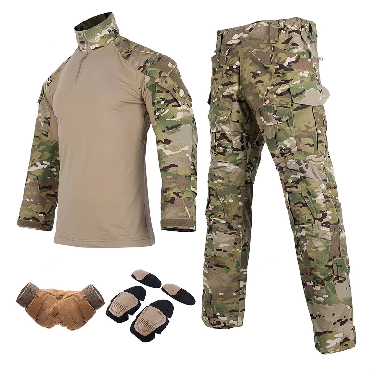 HAZARA Tactical Mimetica con Gomitiere,Ginocchiere E Guanti da Combattimento Pantaloni Mimetici da Uomo Divise Ripstop a Maniche Lunghe,Camo-XL