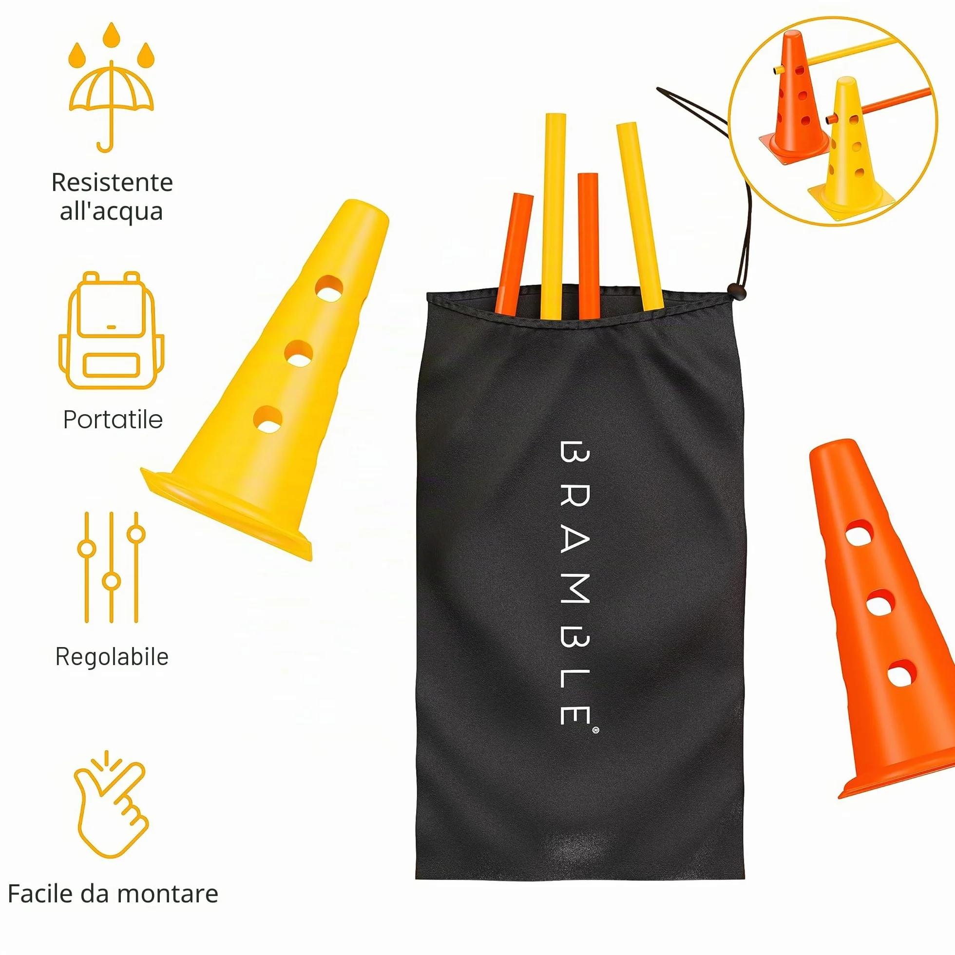 BRAMBLE! 12 Regolabili Ostacoli da Allenamento con Coni e Bastoncini per Bambini, Cani, Indoor i Outdoor