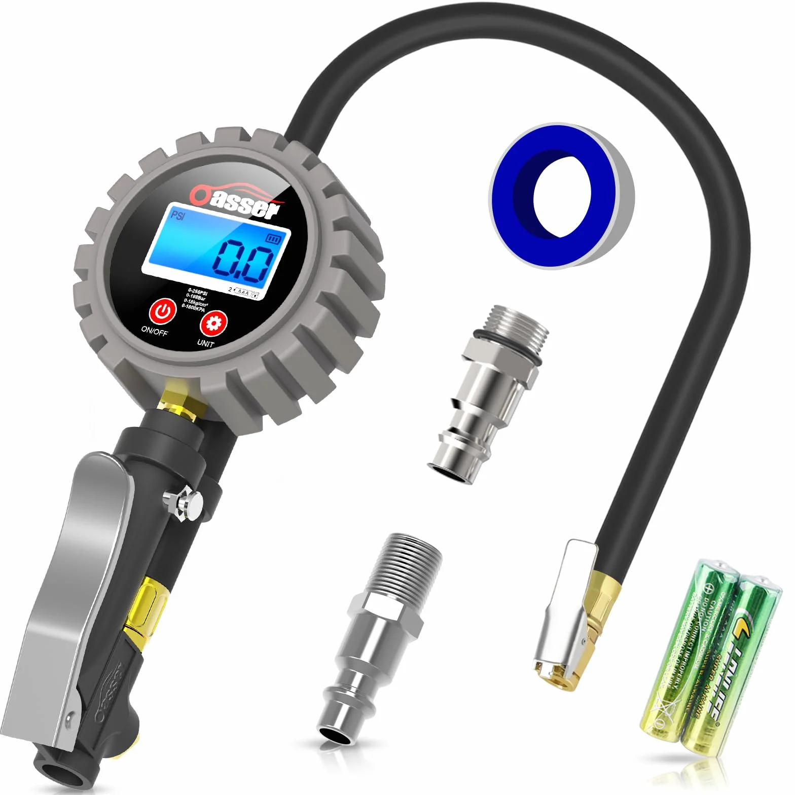 Oasser Manometro Pressione Gomme Professionale, Manometro Digitale, Pistola Gonfiaggio Pneumatici 255 PSI Alta Precisione con Luce a LED e Schermo LCD per Auto, SUV, Camion, Moto e Biciclette