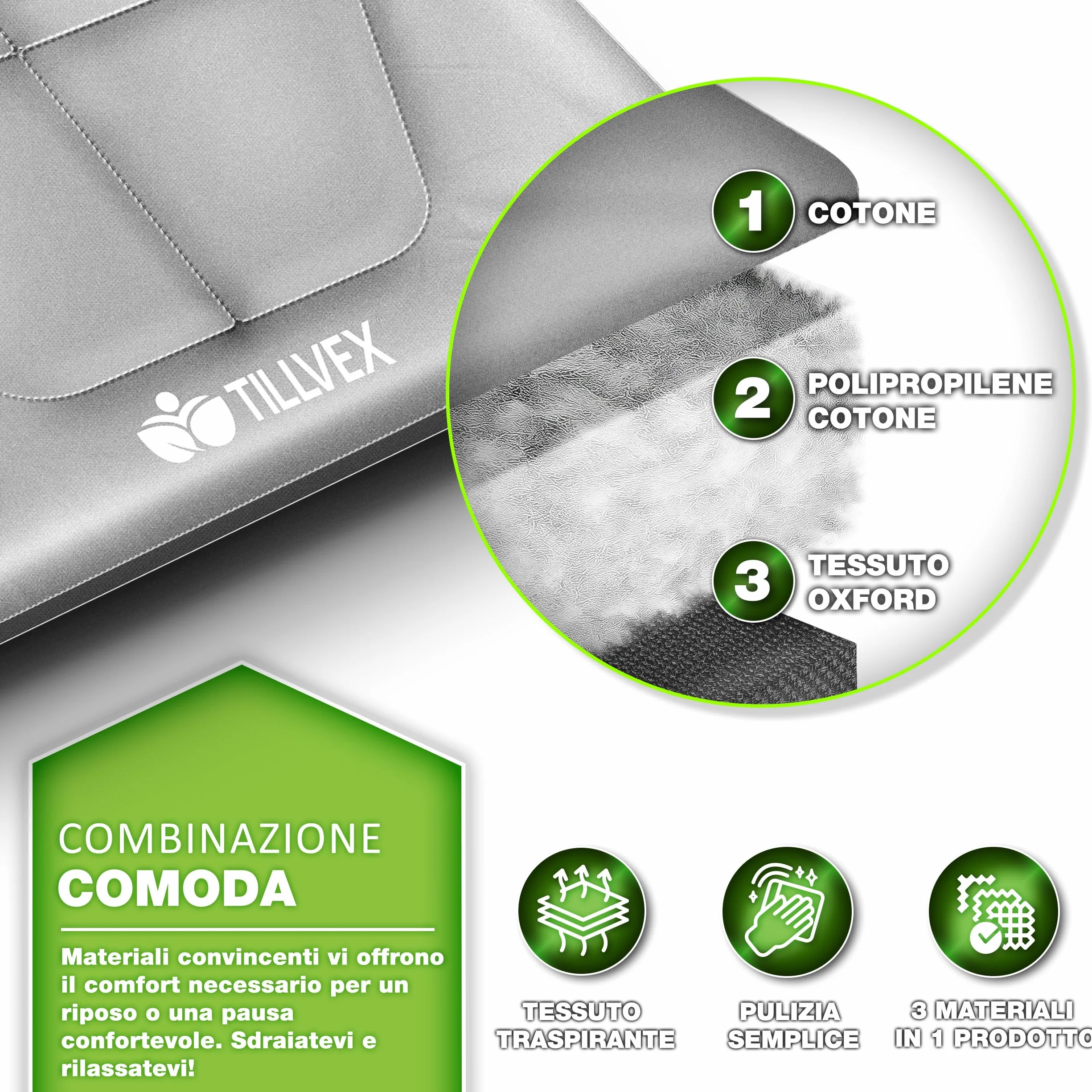 Tillvex Letto da campeggio pieghevole borsa trasporto 200 kg Lettino extra largo