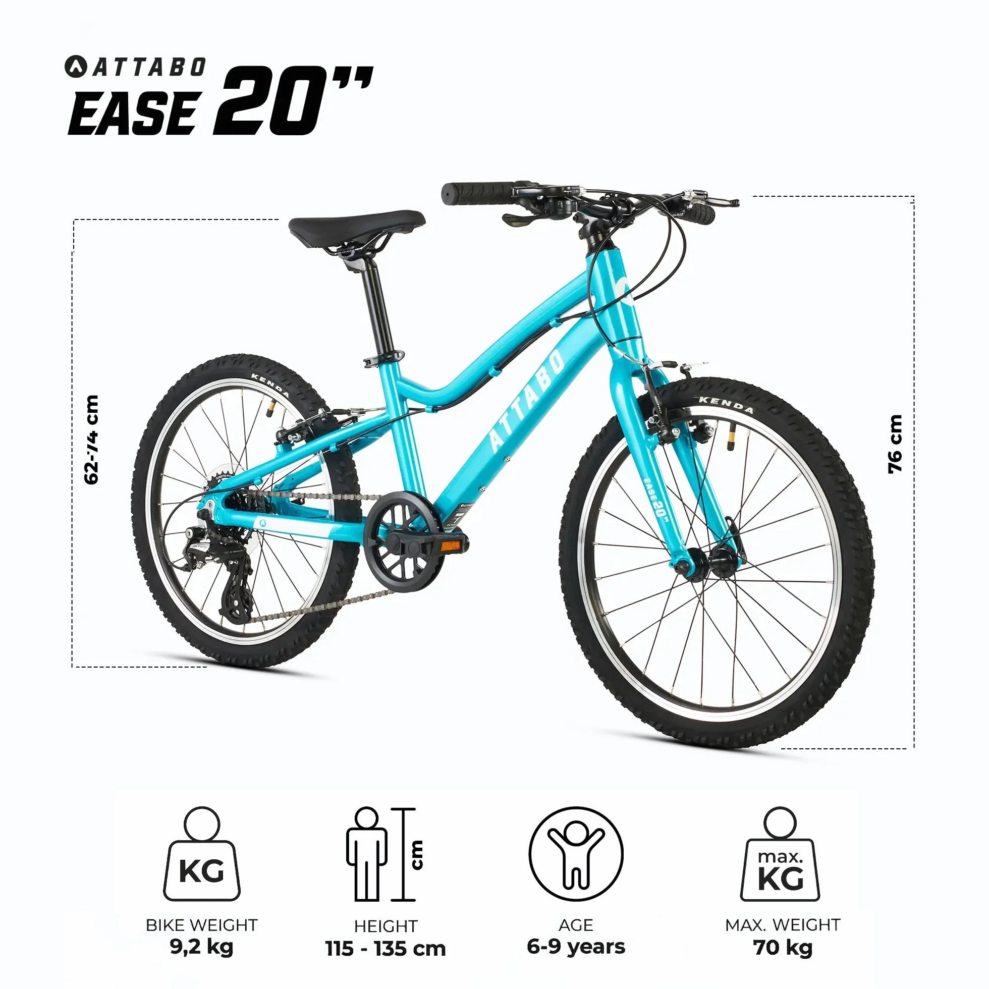 ATTABO Bicicletta per Bambini EASE 20" Leggera Resistente Gradino Basso Manubrio BMX Ergonomico Deragliatore