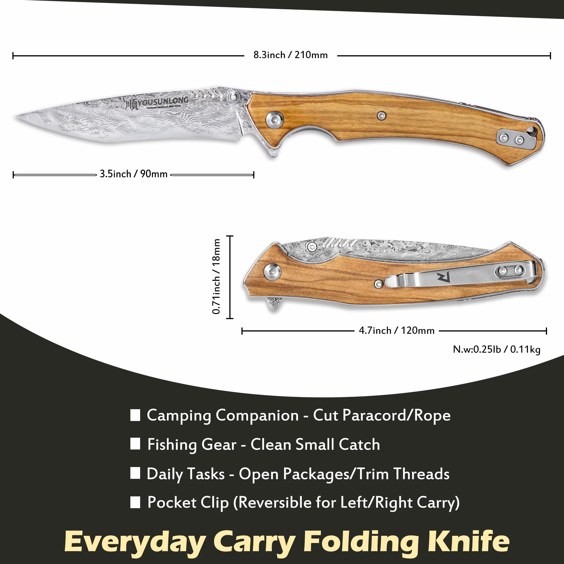 YOUSUNLONG Coltello pieghevole da campeggio - Lama in acciaio Damasco martellato - Rivestimento in legno d'ulivo italiano