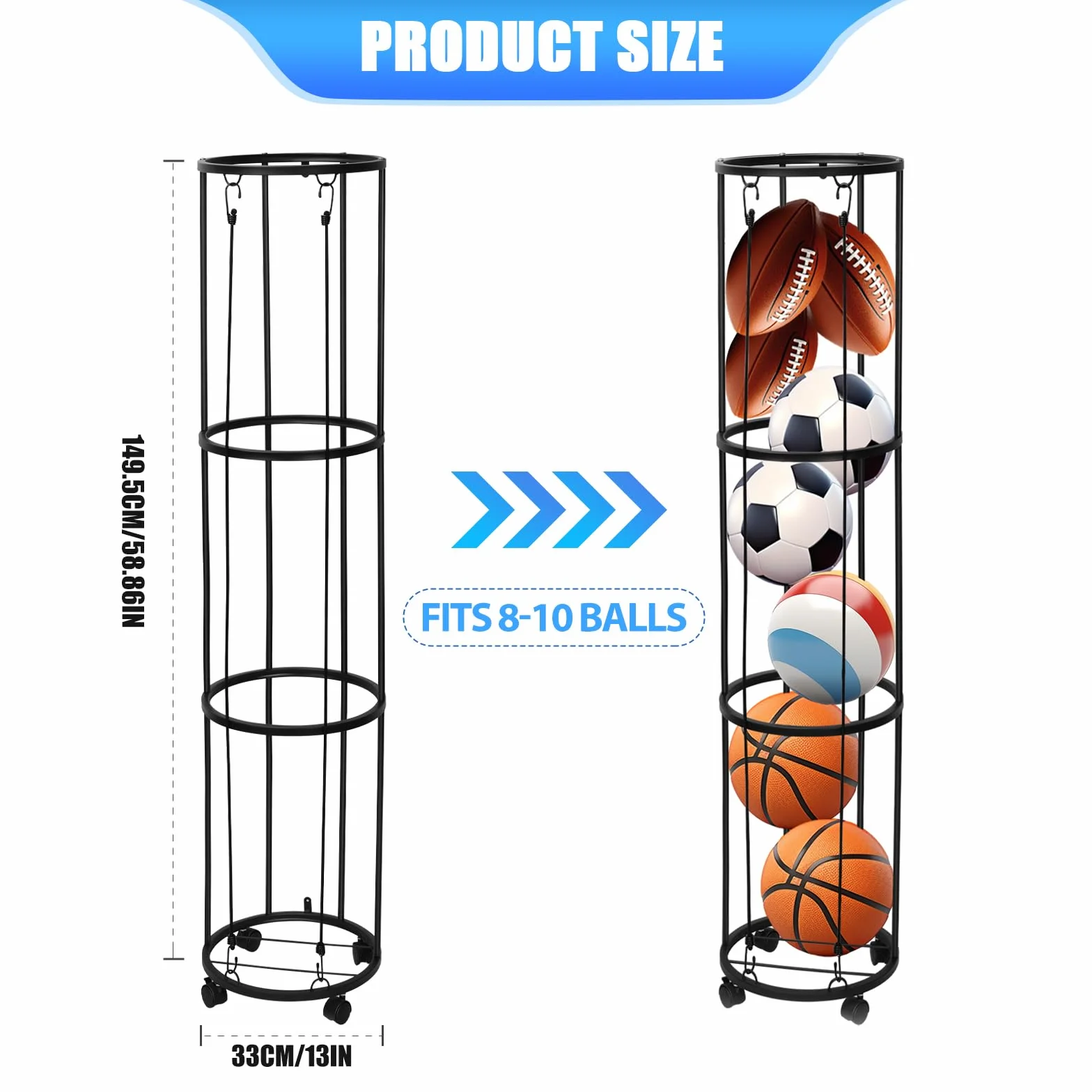 Rastrelliera per Palloni a 3 Livelli Verticale per Basket Calcio Attrezzature Sportive Scaffale Rimovibile