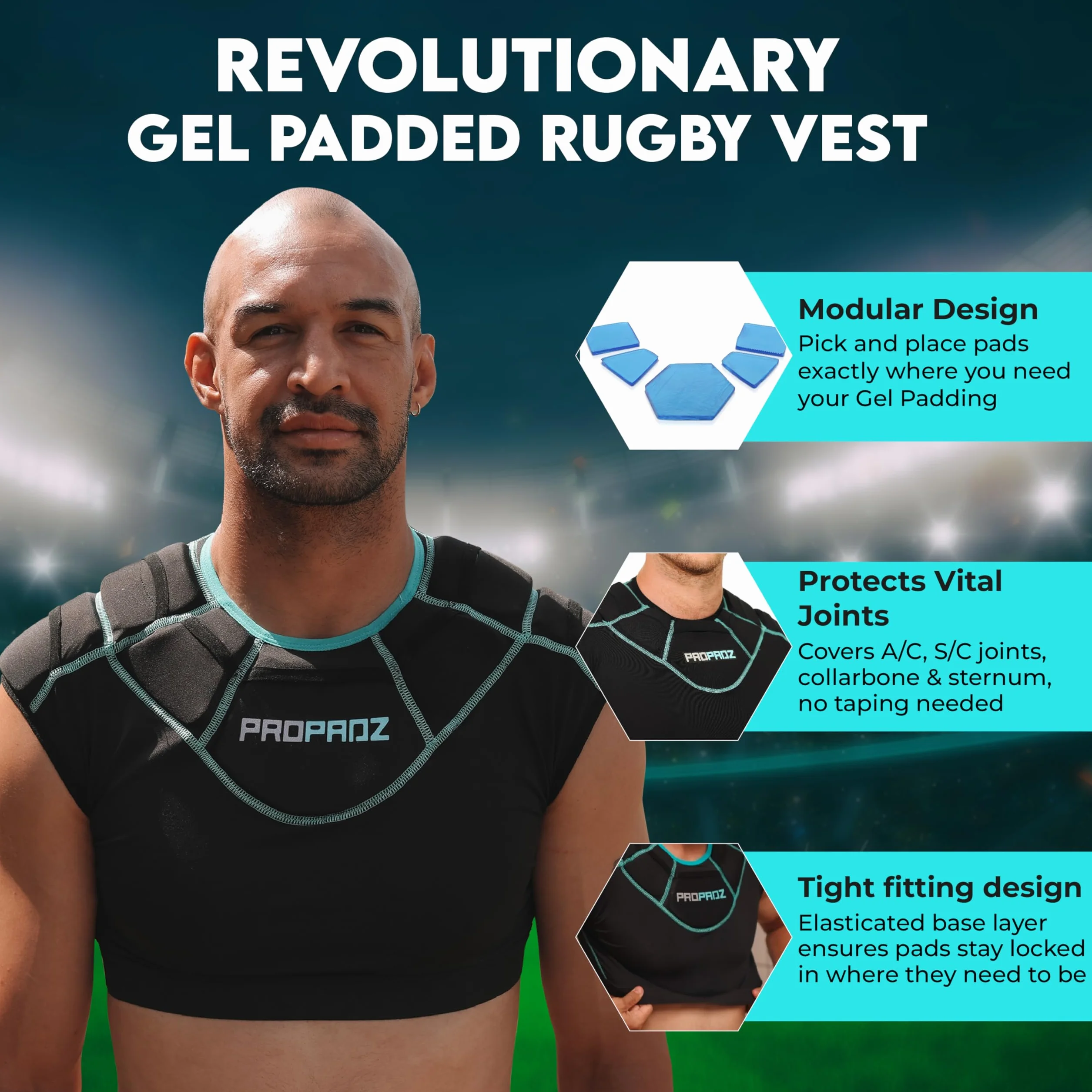 Propadz Gilet da rugby con protezioni spalle adulti – Approvato World Rugby, imbottiture gel modulari, protezione leggera traspirante