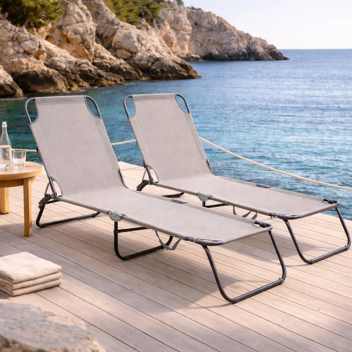 Yellowshop - Set 2 Lettini Prendisole Pieghevoli Olbia da Esterno, Metallo e Tessuto Traspirante, Schienale Reclinabile, Giardino, Spiaggia, Piscina, colori Tortora e Turchese (Rock (grigio tortora))