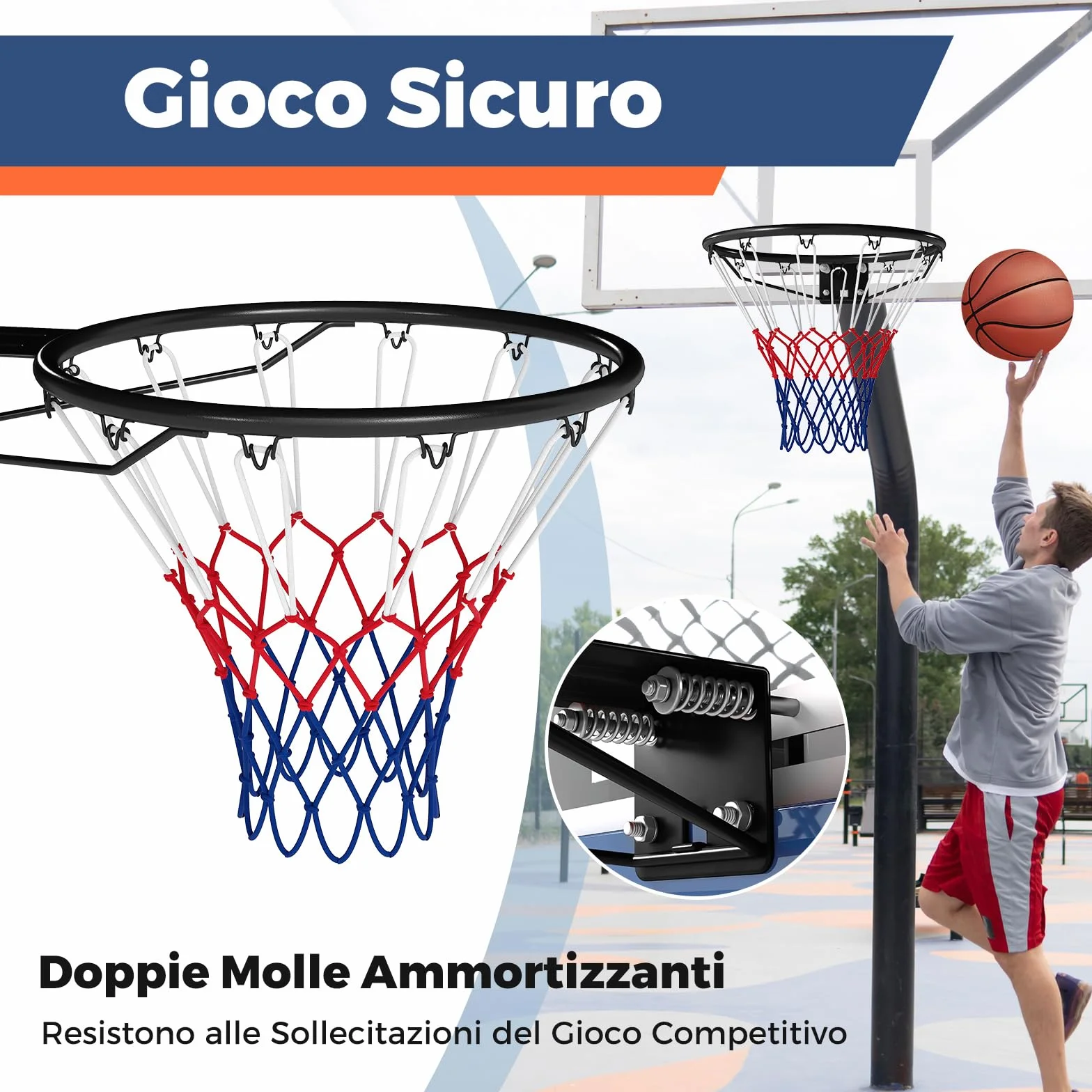 COSTWAY Canestro da Basket da Parete 45 cm, Anello da Pallacanestro con Doppie Molle, Cerchio Universale Esterno Interno