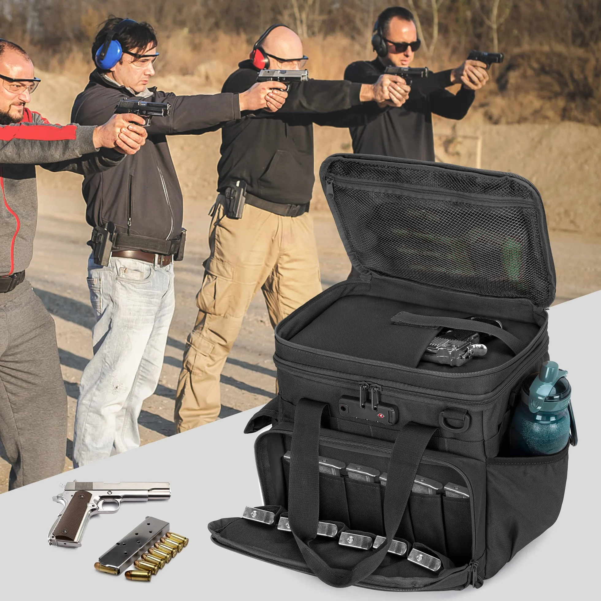 Borsa tattica per tiro GOBUROS con 2 custodie per pistola, lucchetto TSA e 12 scomparti per caricatori