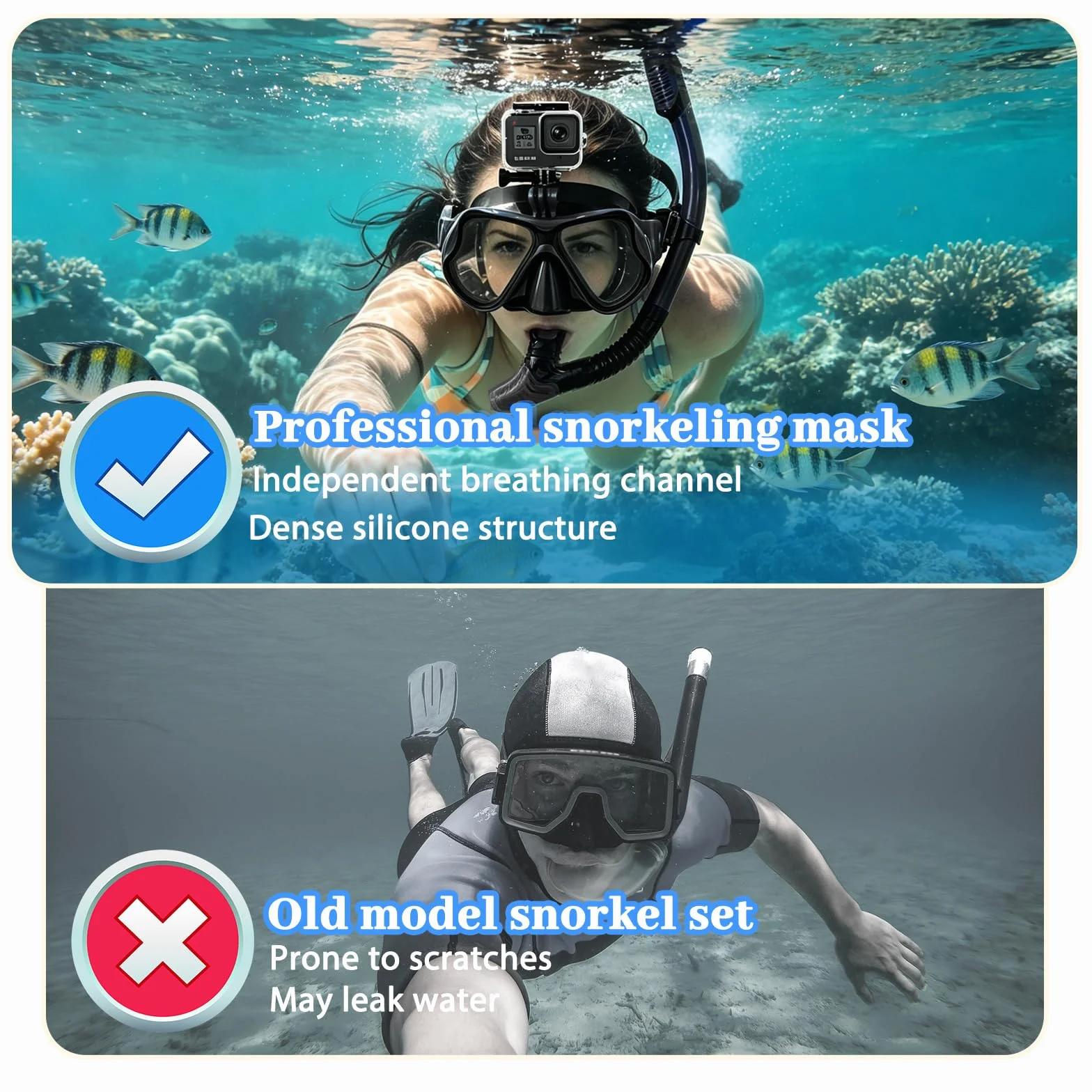 Maschera Snorkeling Subacquea Adulti con Supporto Fotocamera, Panoramica 180° Anti-Appannamento Vetro Temperato