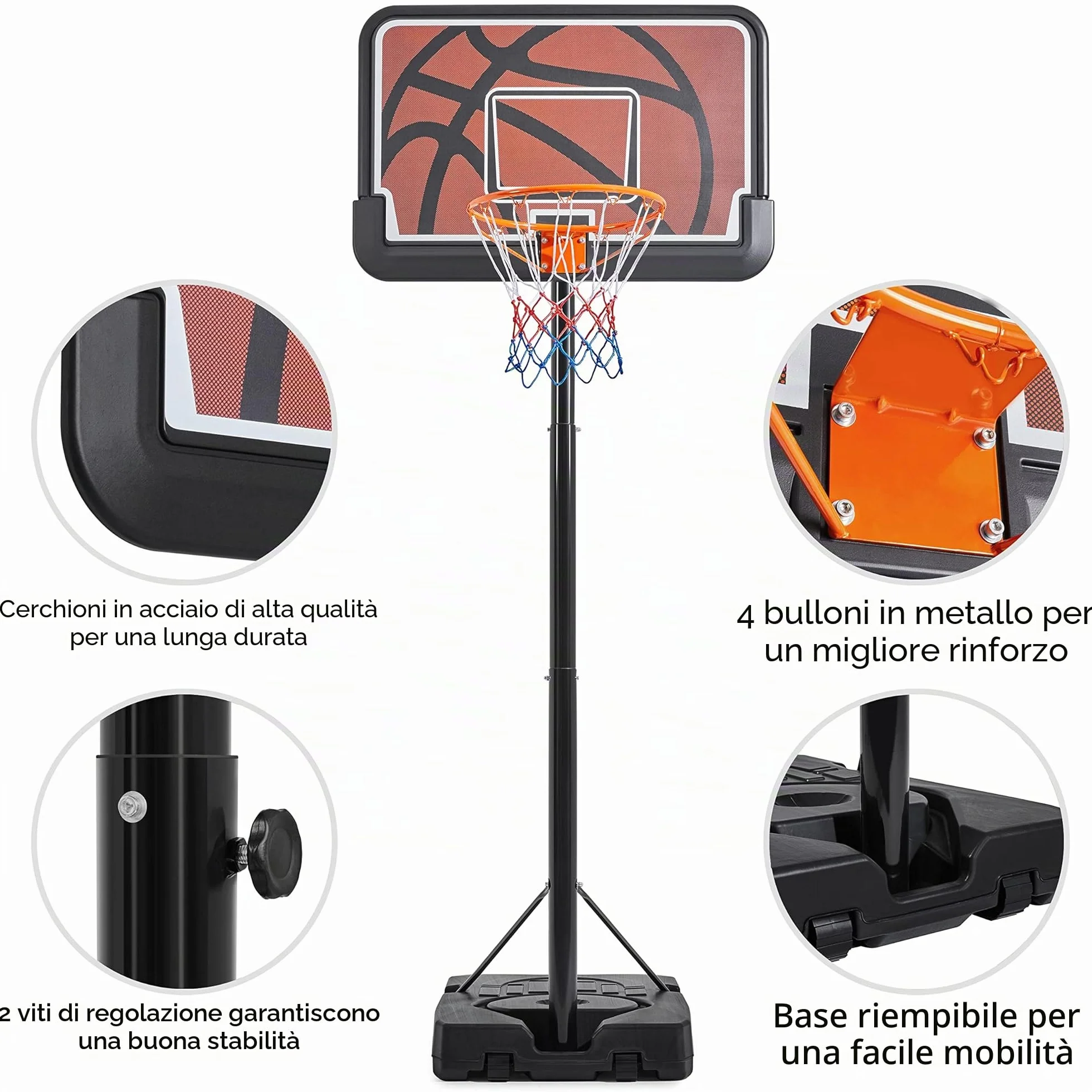 Yaheetech Canestro da Basket Regolabile 233-308 cm HDPE Metallo Interno Esterno Nero Arancione