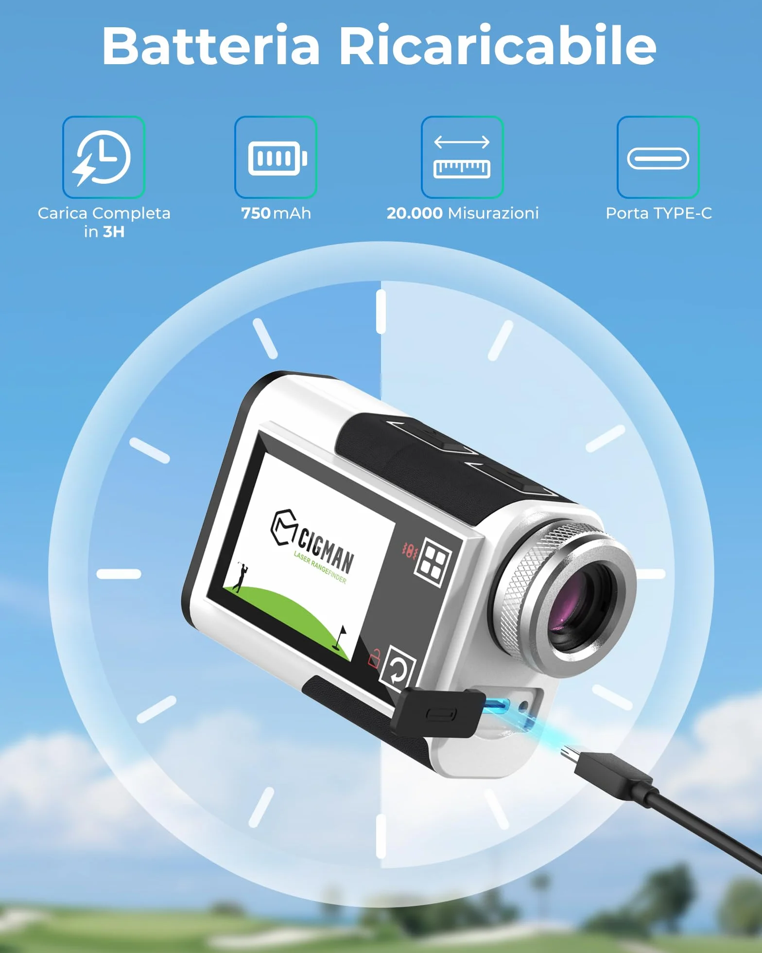 CIGMAN CT-1200PRO Golf Rangefinder Laser 1200Y ±1 m Display Touch Slope Oculare 25 mm Ricaricabile USB-C