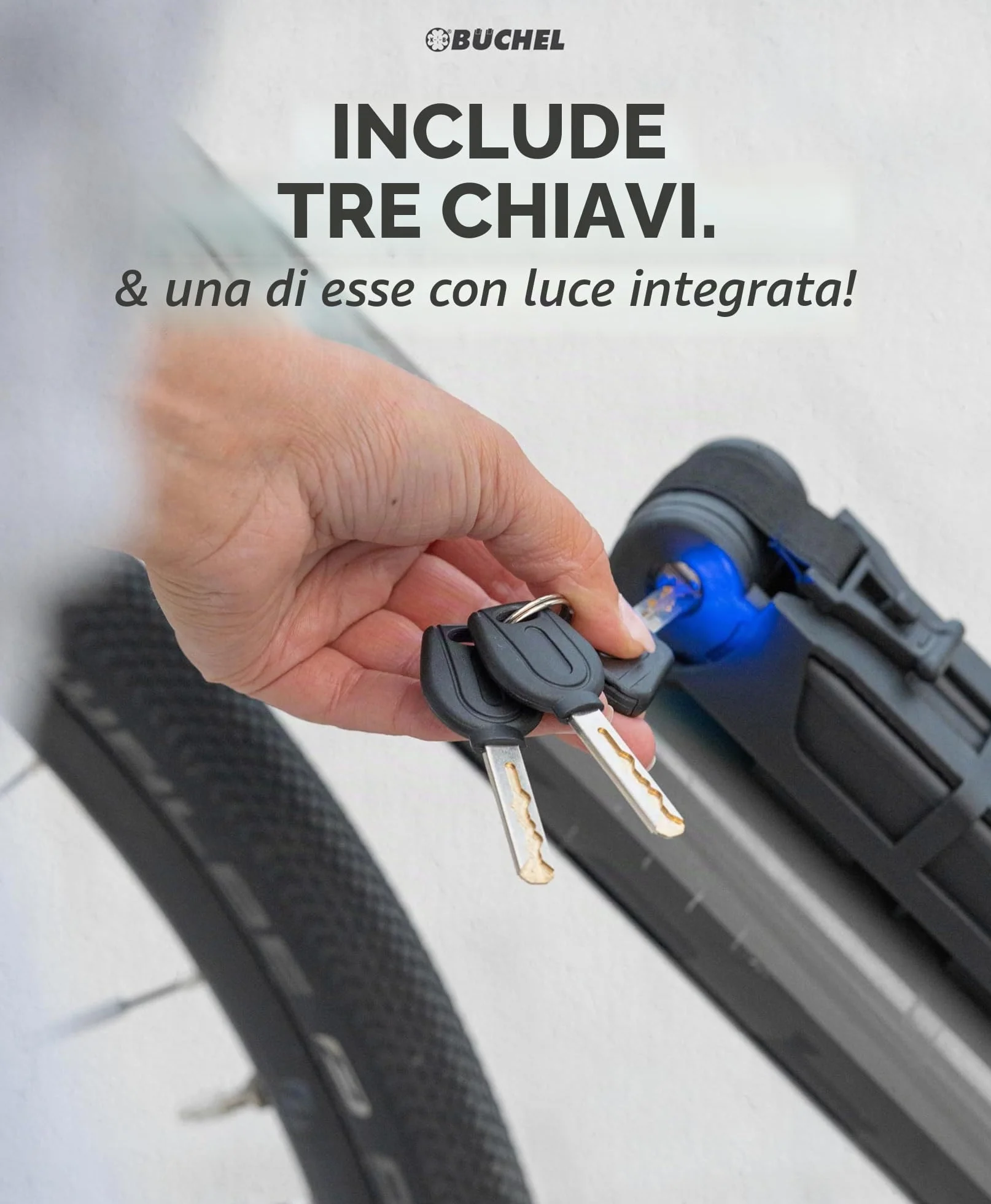 BÜCHEL Sekura Lucchetto Bici 85 cm – Catena Antifurto in Acciaio Temperato per E-Bike, Moto, Bicicletta con Supporto e 3 Chiavi