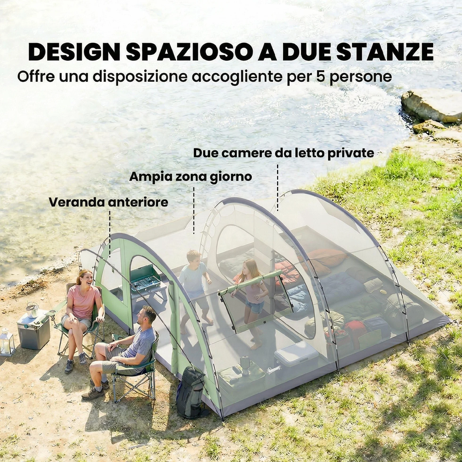 Outsunny Tenda Campeggio a Tunnel 5 Persone 196cm 2 Stanze Impermeabile 3000mm Verde Chiaro