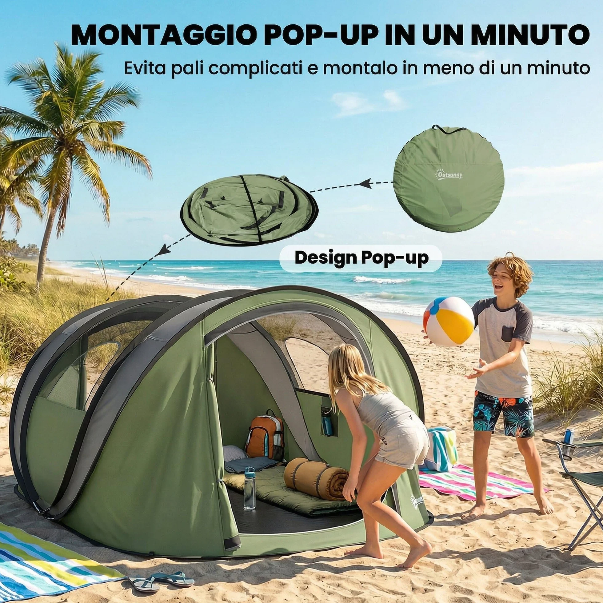 Outsunny Tenda da Campeggio Pop Up 4 Persone, Impermeabile 3000mm, con Borsa, Verde