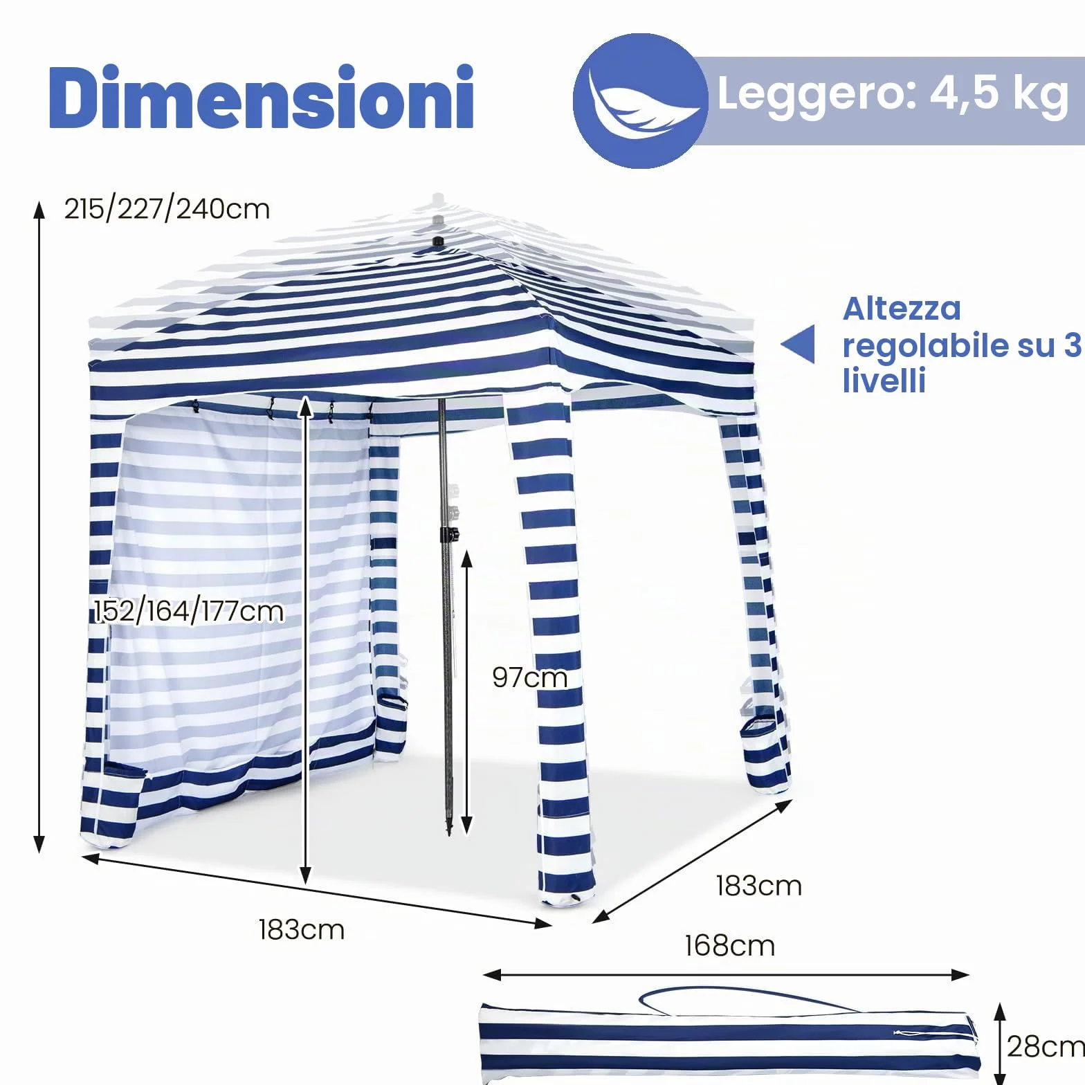 HOMASIS Tenda da Spiaggia Portatile 1,8 x 1,8 m, Parasole Spiaggia con Protezione Solare Regolabile in Altezza, Gazebo con Parete Laterale Rimovibile, Tenda con Borsa per il Trasporto (Blu)