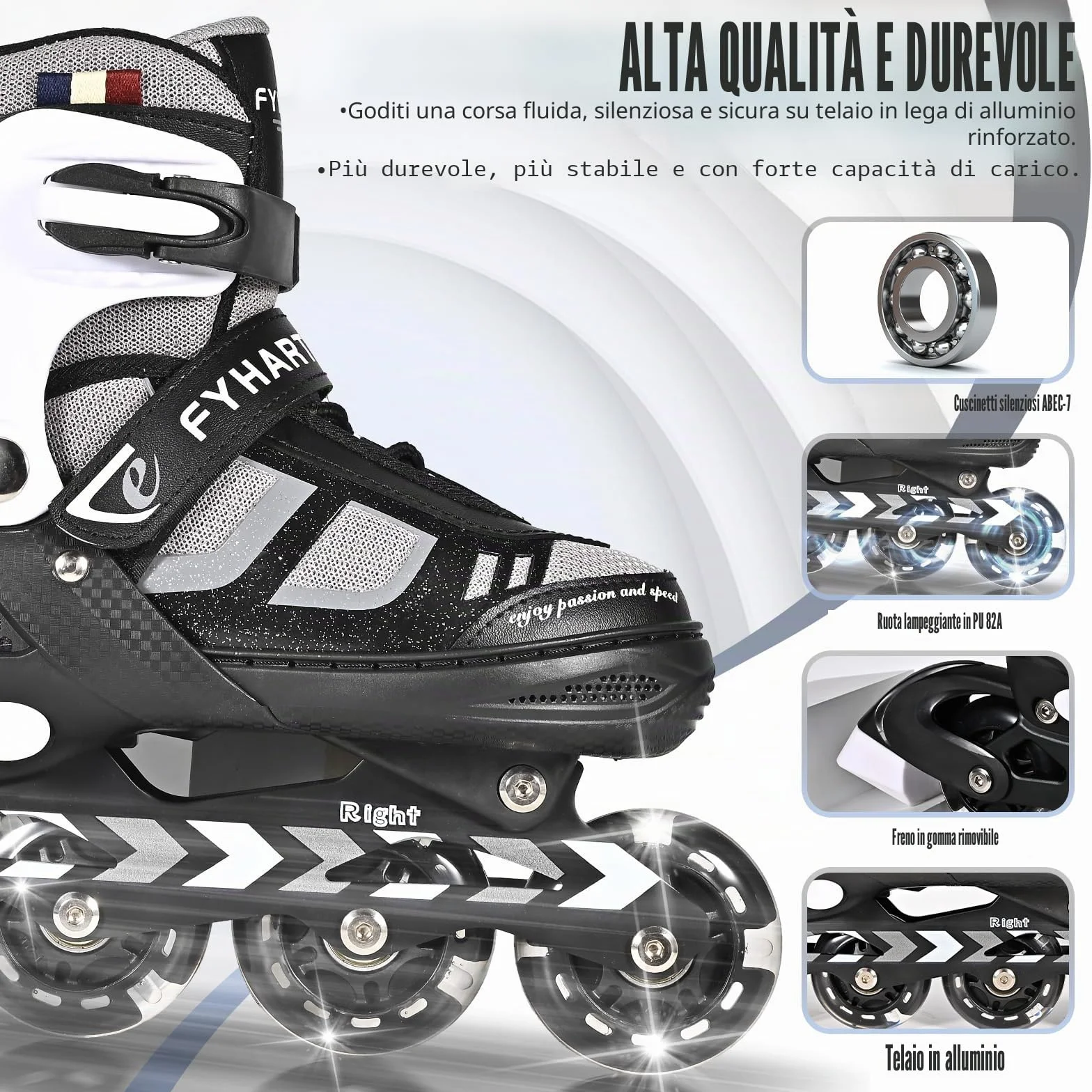 Pattini in linea regolabili per bambini e adulti, a 4 ruote con ruote luminose, Nero Bianco