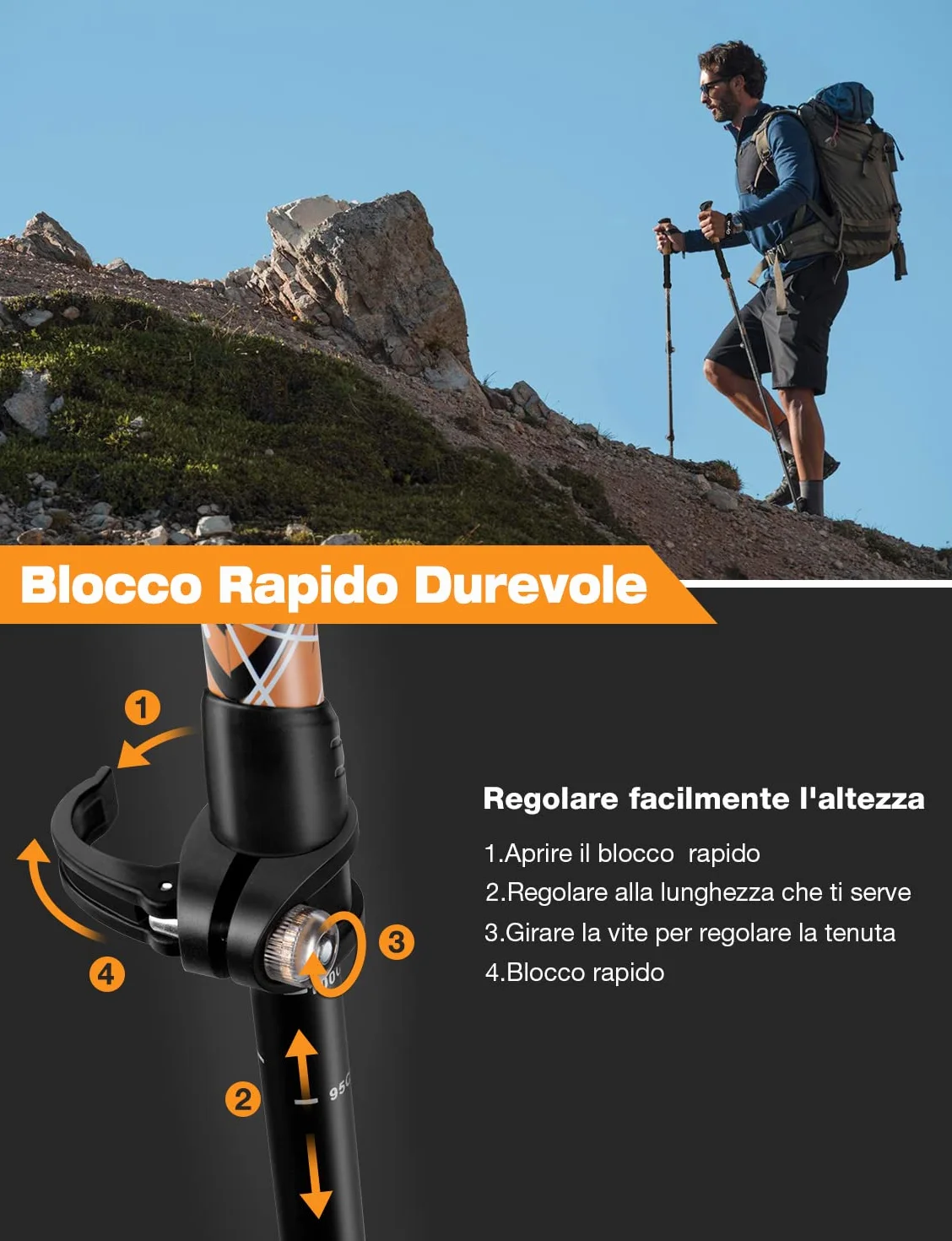 Bastoncini Da Trekking 3 Sezioni in Fibra Di Carbonio Ultraleggero Telescopico 65-135cm Con Sistema Di Blocco Rapido E Impugnatura in Sughero