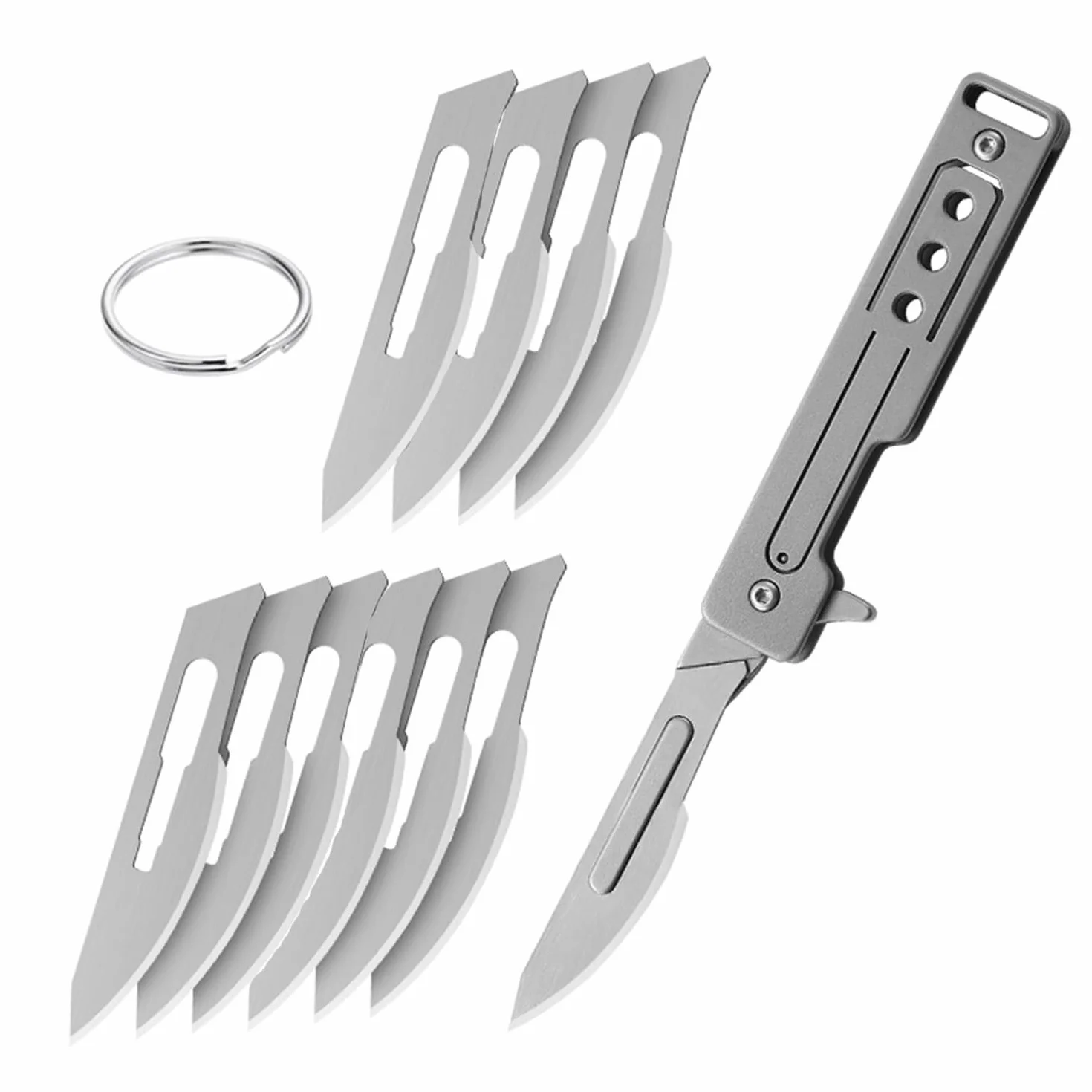 Mini Bisturi in Titanio con Lame Sostituibili, Utility Knife Pieghevole Cutter con 10 Acciaio Inox Sostituibile Lama, Coltello Pieghevole Multiuso EDC con Clip da Tasca per Campeggio