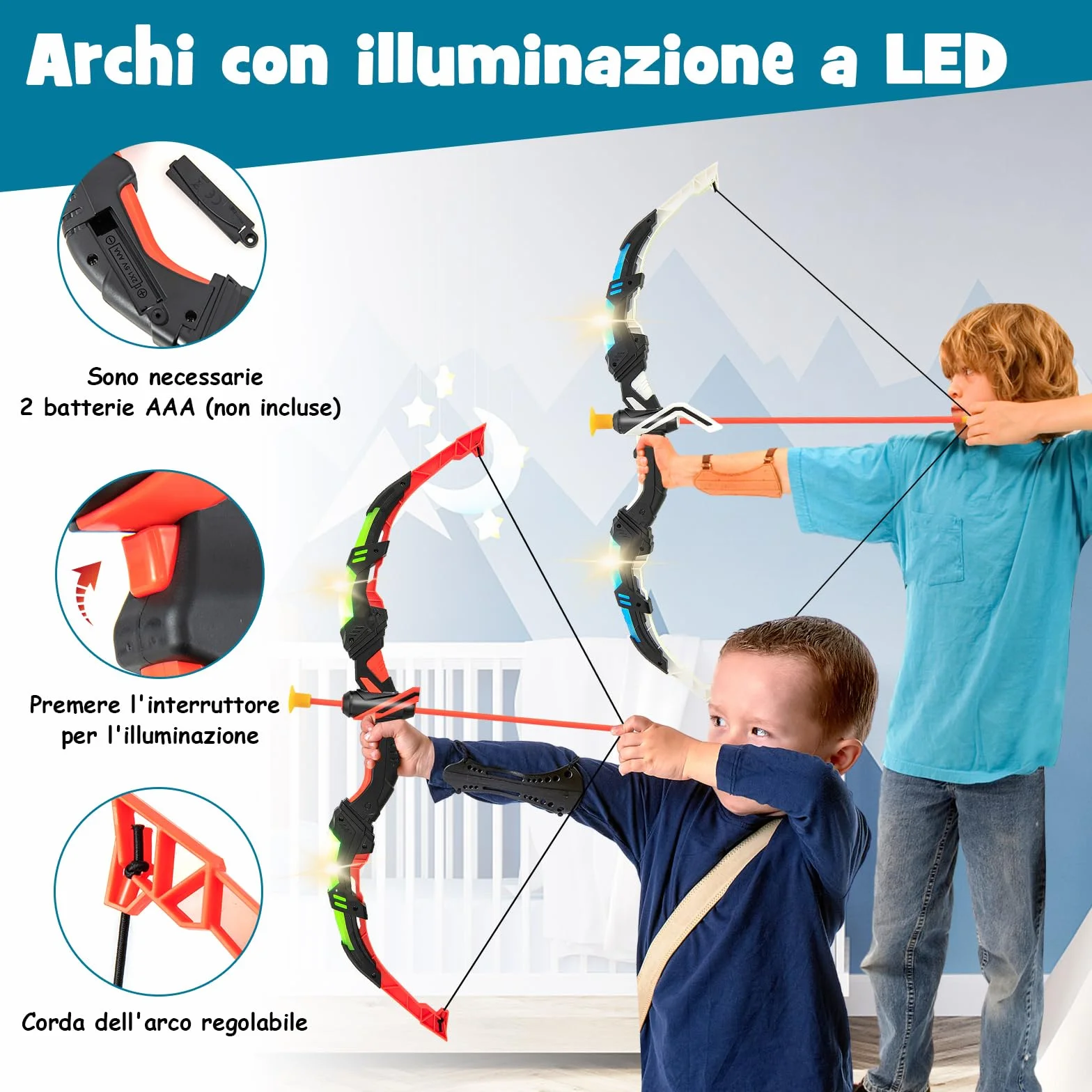 COSTWAY Set di 2 Archi e Frecce LED per Bambini con 20 Frecce a Ventosa