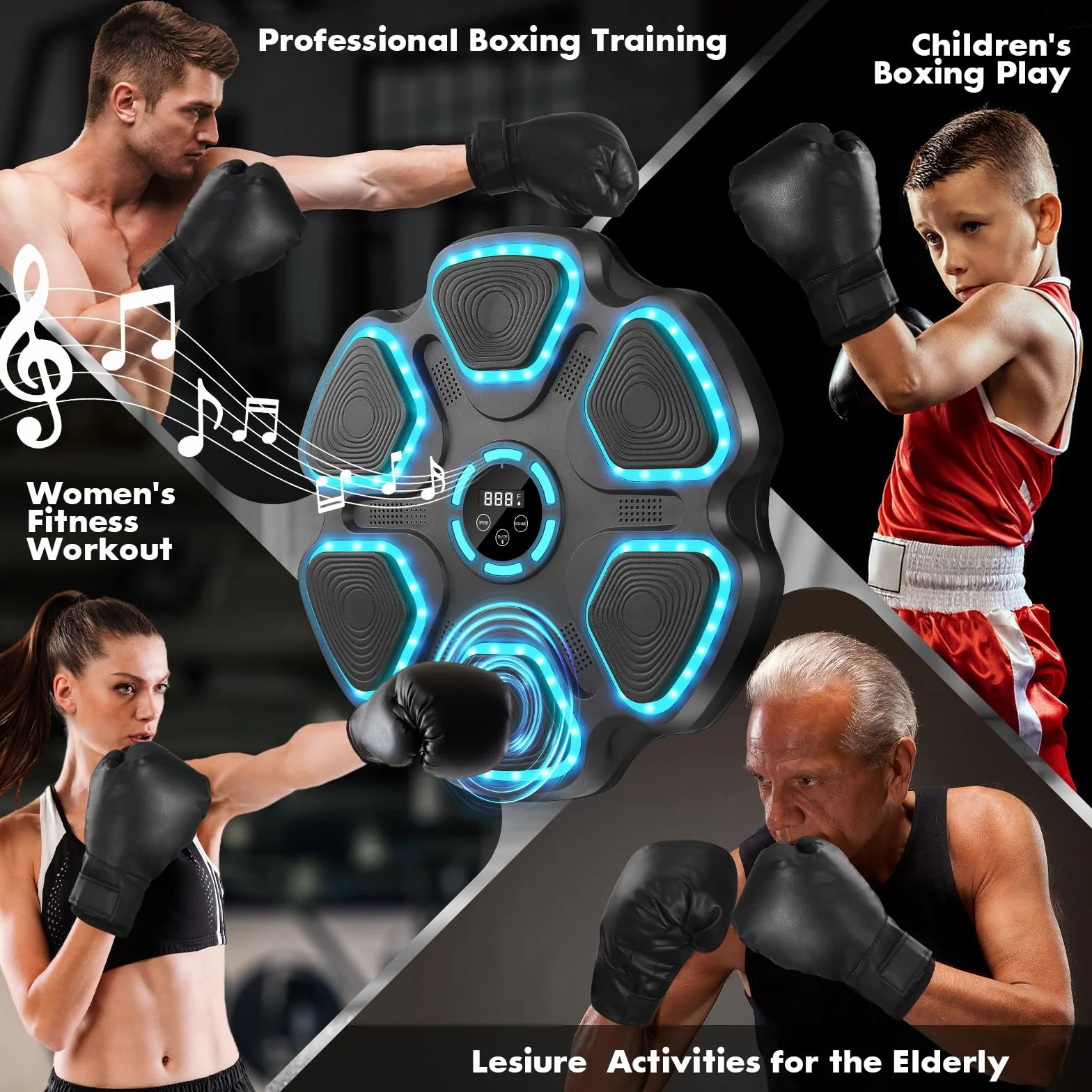 WYRIAZA Macchina da Boxe Musicale, Music Boxing Machine con Bluetooth da Parete con Guantoni da Boxe, Beatpunch Machine de Boxe Musicale Pugile a LED con 11 modalità e 9 velocità
