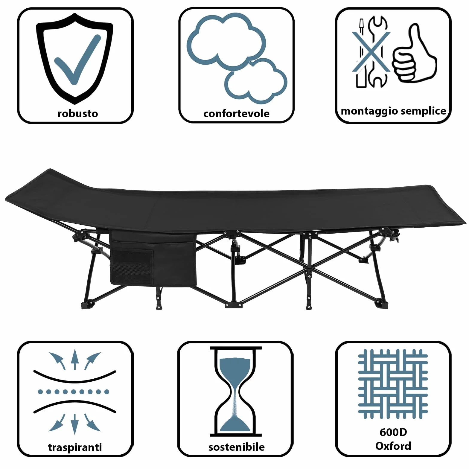 ALPIDEX Brandina Campeggio Letto Campo Pieghevole Caricabile 200 kg Lettino Tenda Portatile Cuscino Leggero Borsa Trasporto, Nero