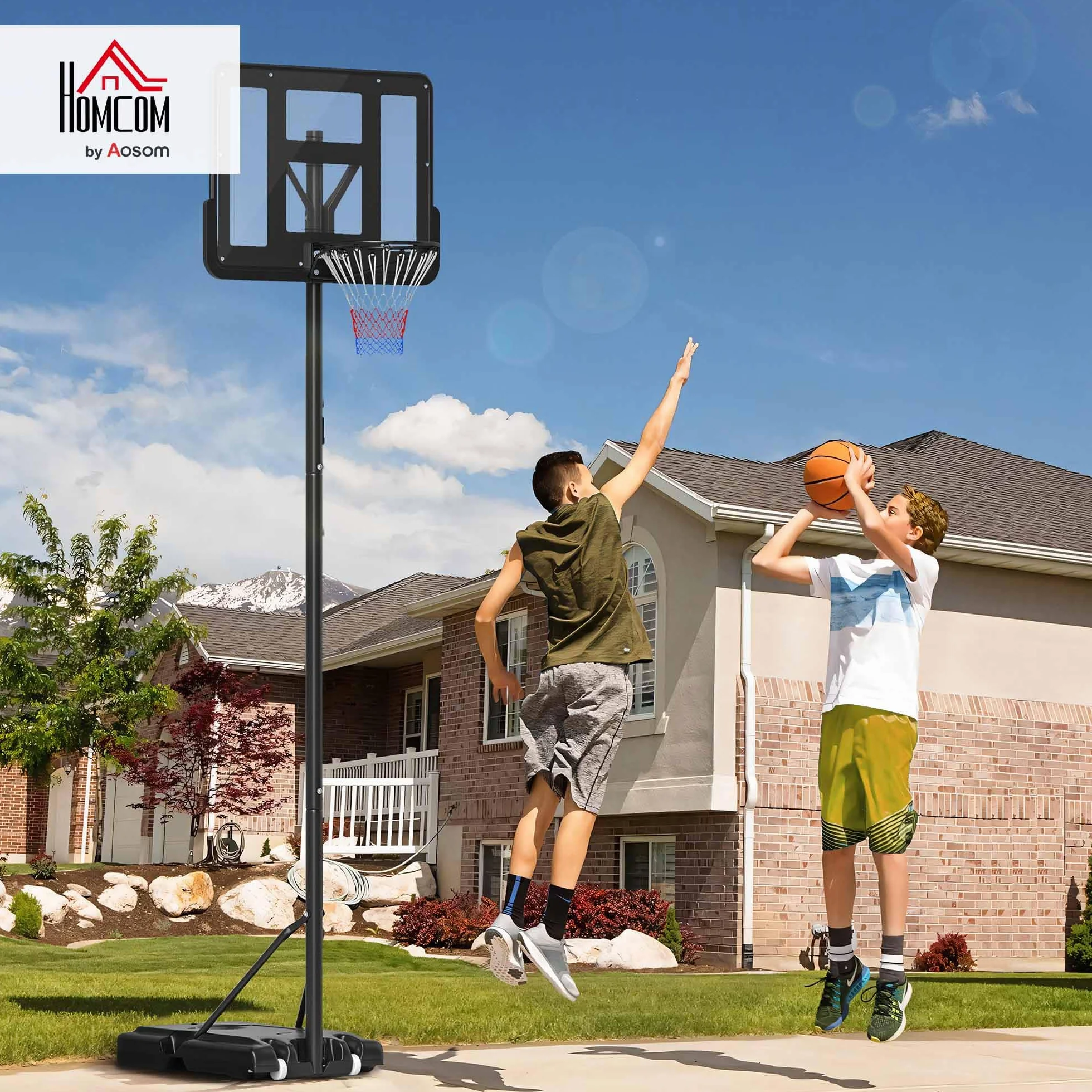 HOMCOM Canestro Basket Altezza Regolabile 160-305cm, Base con Ruote, Tabellone in PVC Trasparente