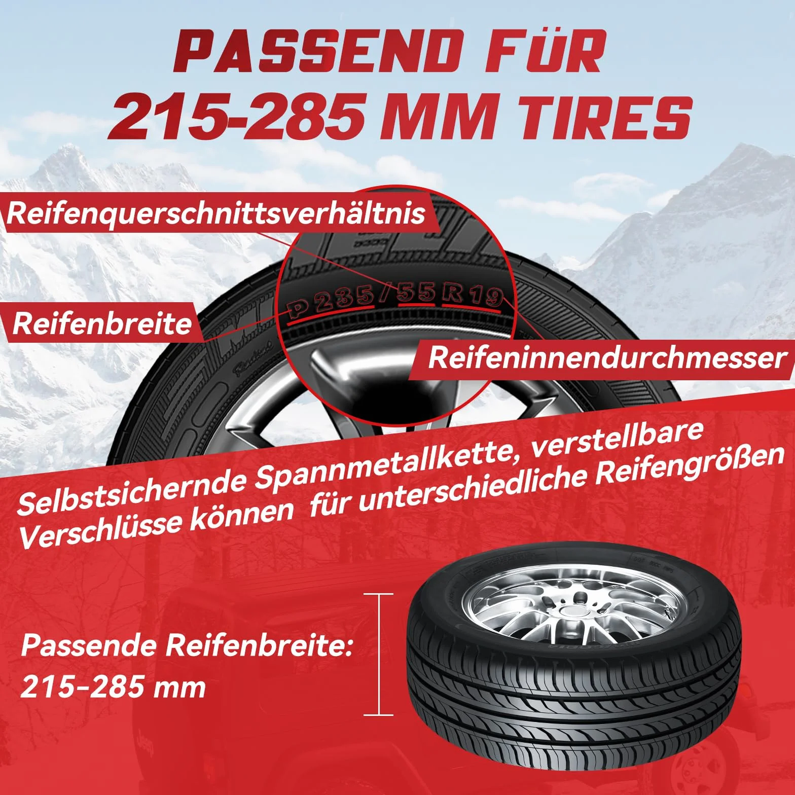 MOONCOOL Catene da Neve Universali 8 Pezzi 1 Set Montaggio Facile per Pneumatici 215-285 mm