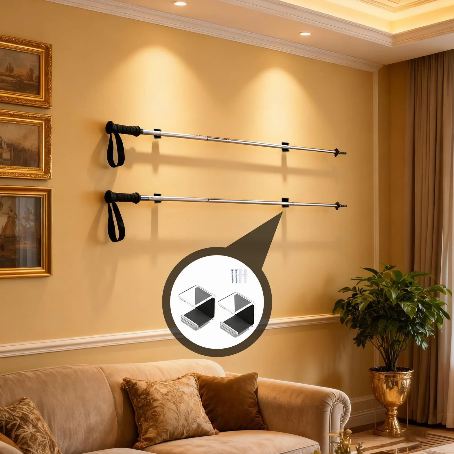 2-Piece Horizontal Hockey Stick Wall Mount Hook - Sport Equipment Holder with Anti-Scratch Pad for Garage Storage