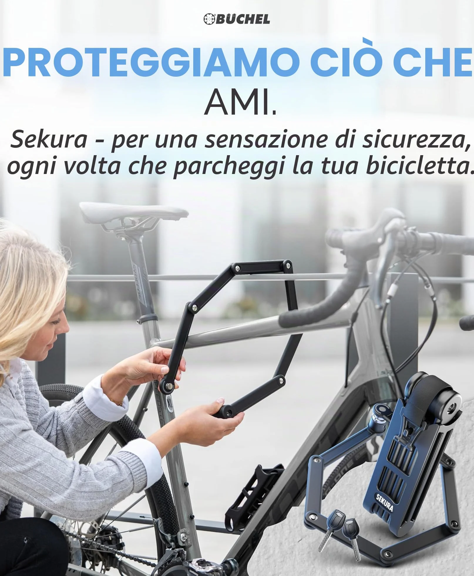 BÜCHEL Sekura Lucchetto Bici 85 cm – Catena Antifurto in Acciaio Temperato per E-Bike, Moto, Bicicletta con Supporto e 3 Chiavi