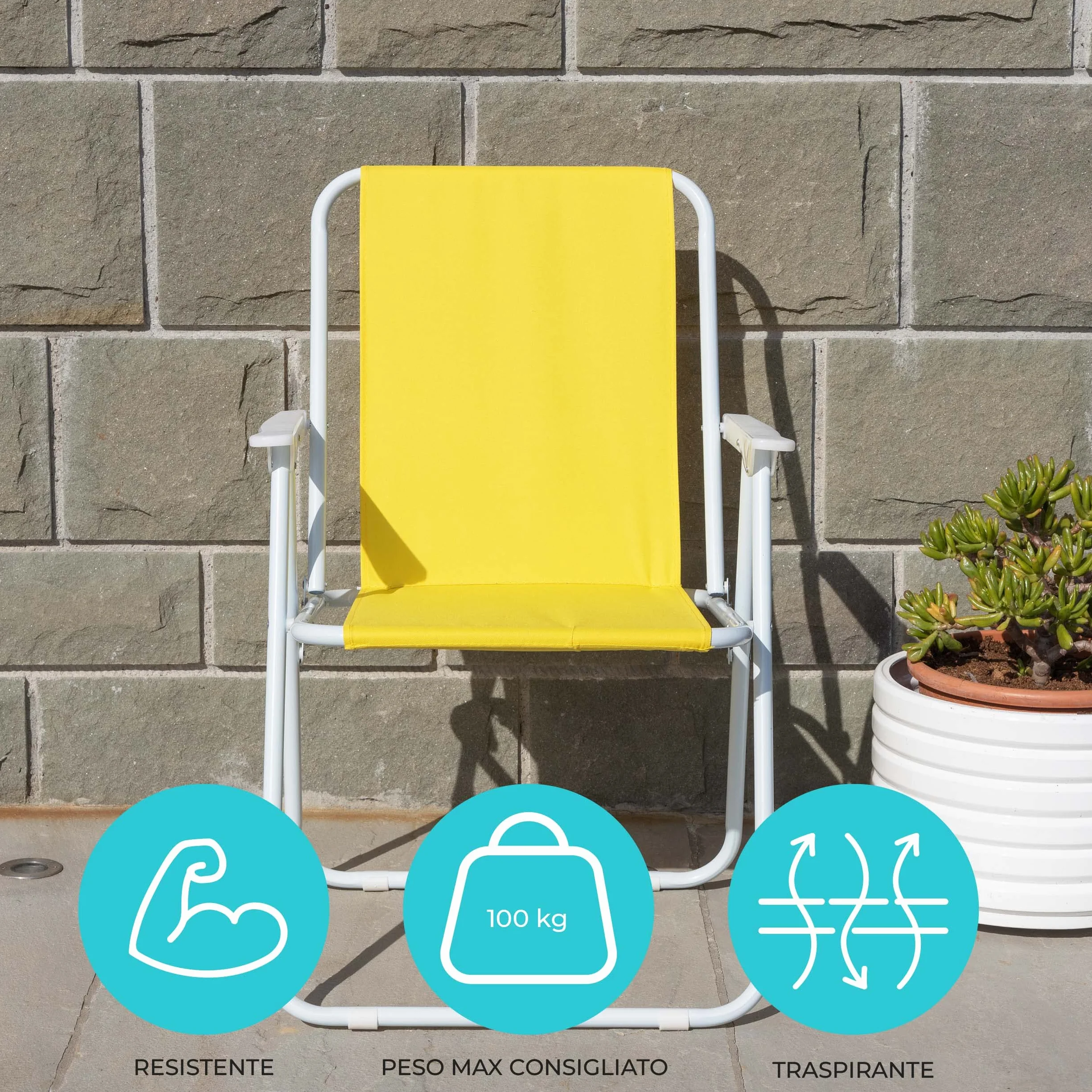 Baroni Home Sedia Pieghevole da Mare Spiaggia Campeggio in Tela con Braccioli Colorata 52x44x76 cm Set 2 Gialla