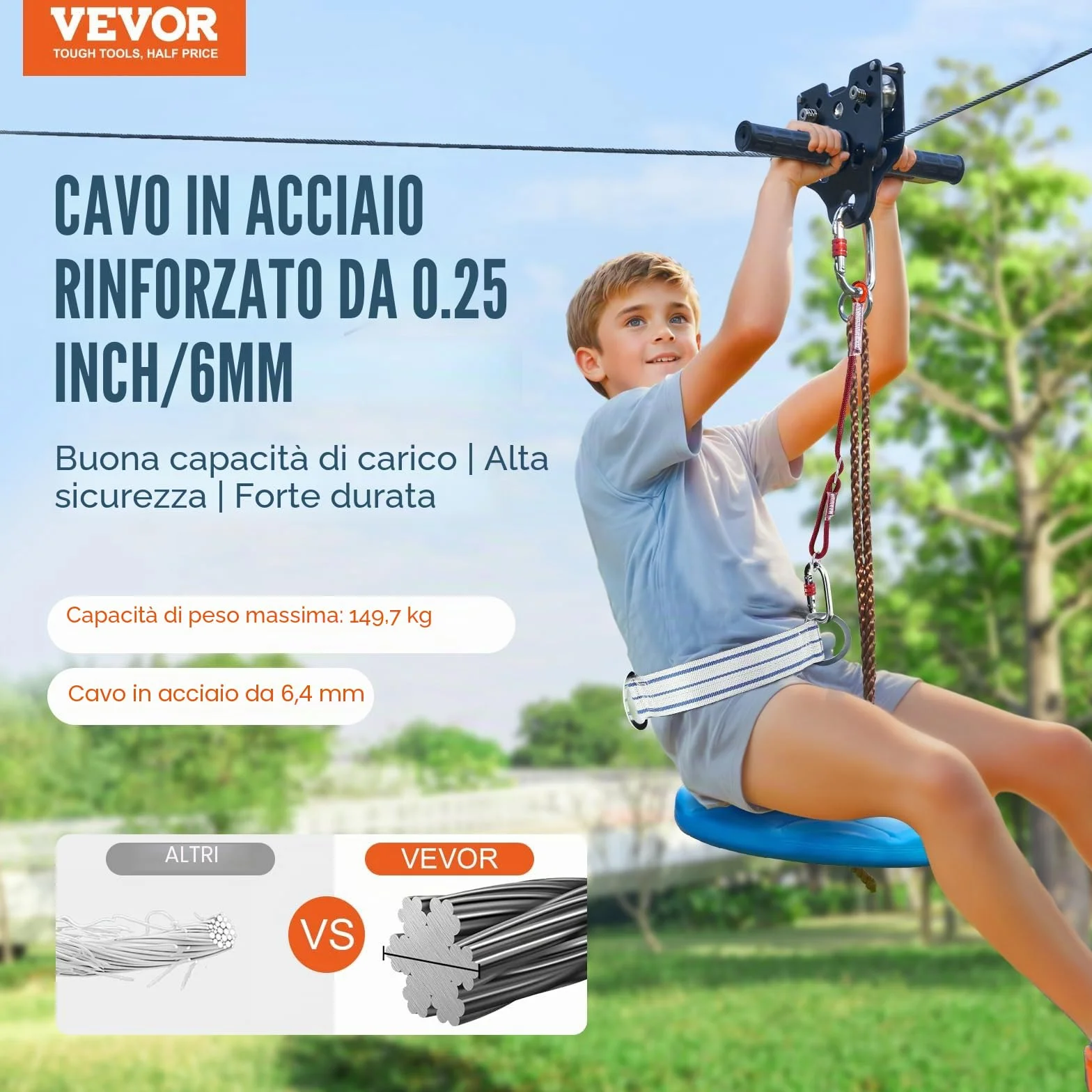 VEVOR Kit Teleferica Zipline 24,38 m Giardino Cortile Parco Corda Scivolo Corrimano Seduta Carico Max 149 kg