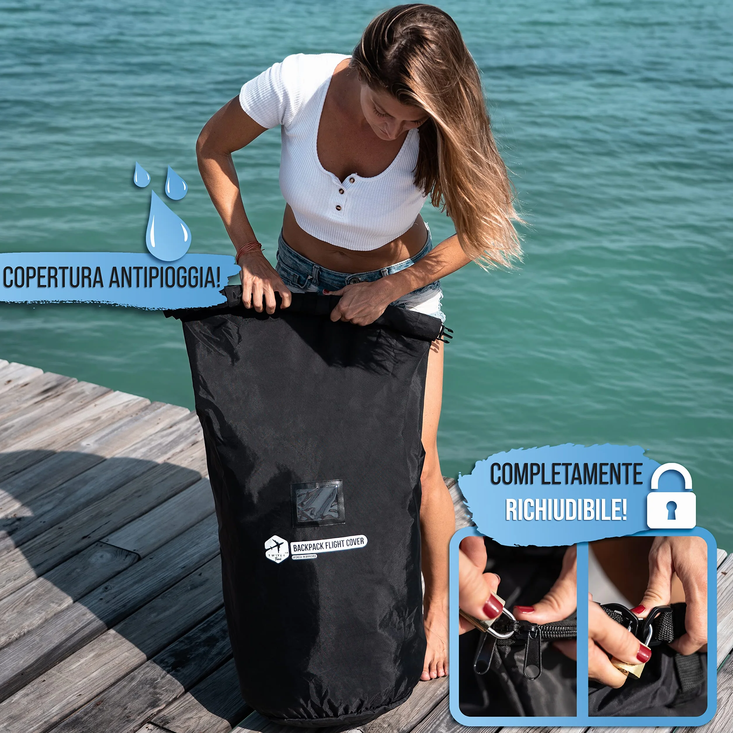 TWIVEE - Custodia protettiva 2 in 1 per zaino e parapioggia - Flight Cover per zaino - Aereo - Copertura flessibile - Volume regolabile da 60 a 110 litri - Ideale per zaino da viaggio