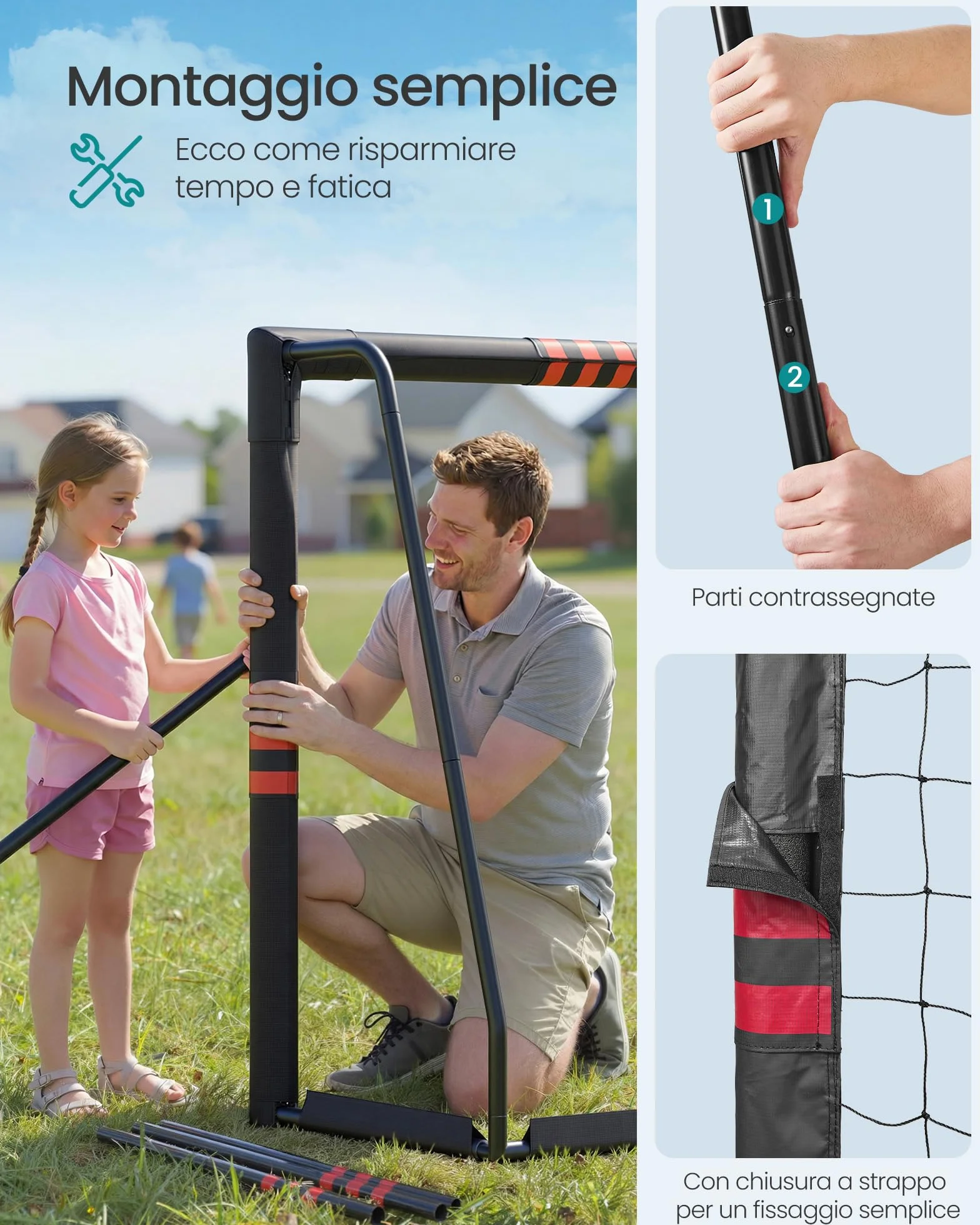 SONGMICS Porta da Calcio Acciaio Rete PE Esterni Giardino Spiaggia Rivestita Gommapiuma