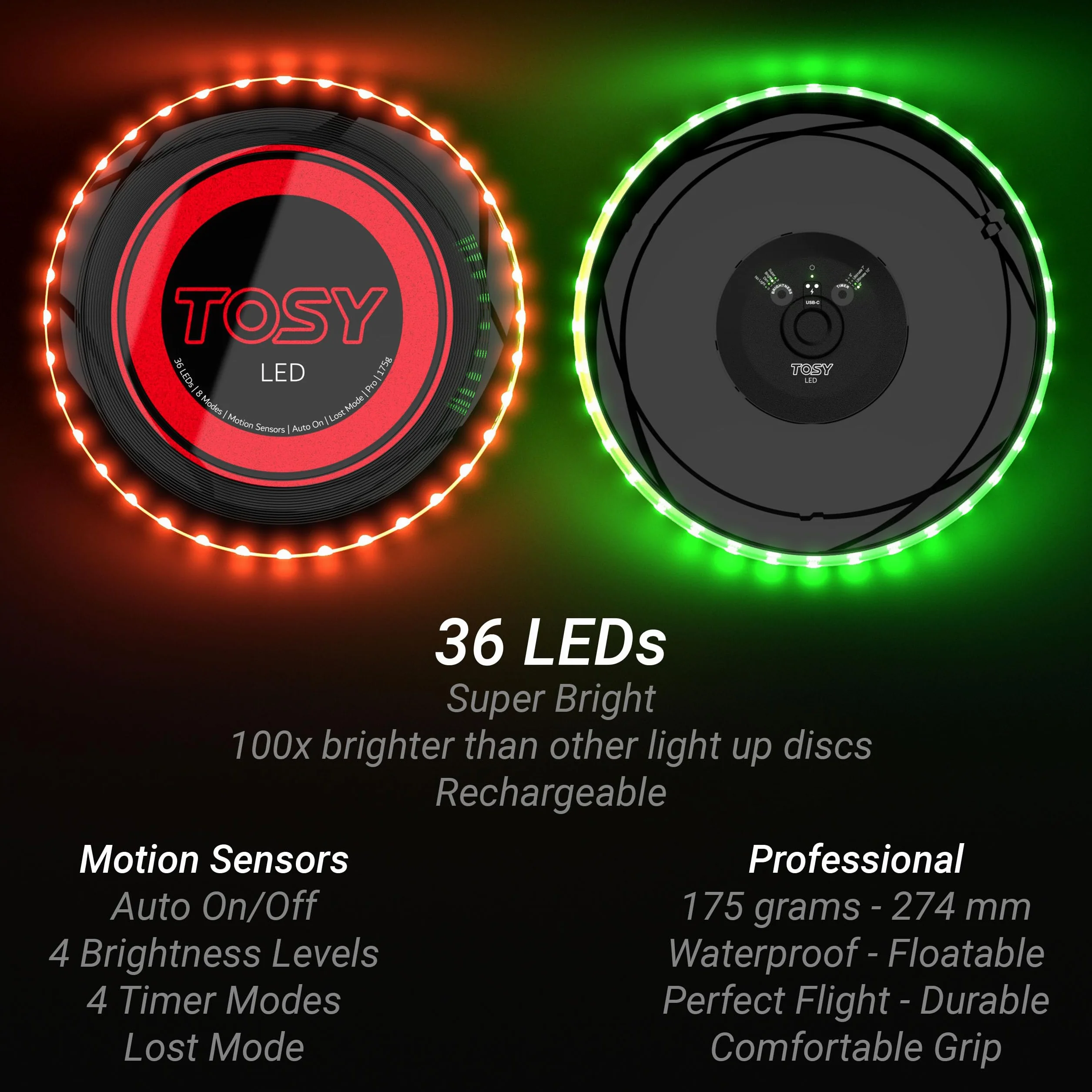 TOSY Frisbee Disco 36 LED 16 milioni di colori RGB ricaricabile