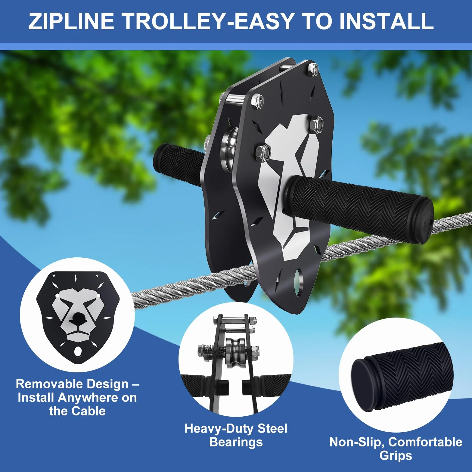 Kit Zip Line 48,8 m per bambini e adulti 172,4 kg - Carrello rimovibile con leone, freno a molla 2 m, protezioni per alberi