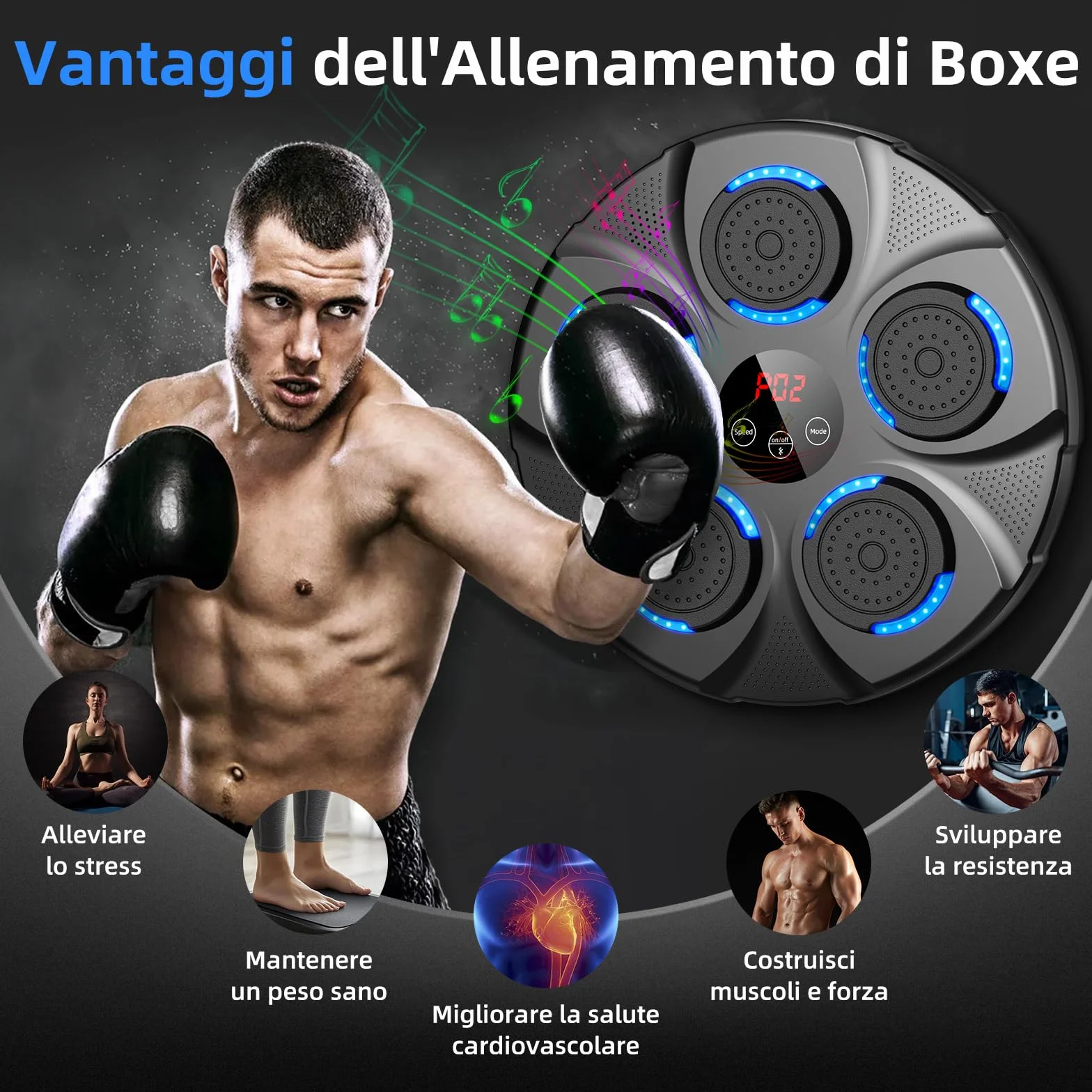 Macchina da Boxe Musicale, Macchina da Pugilato Elettronica Professionale con Guantoni, Bluetooth, 9 velocità/modalità per Bambini e Adulti, Casa, L'Ufficio, Palestra, Nero