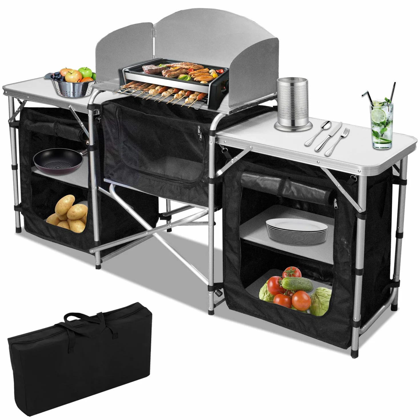 Cucina da campeggio con paraspruzzi e borsa trasporto, armadio pieghevole telaio alluminio, outdoor